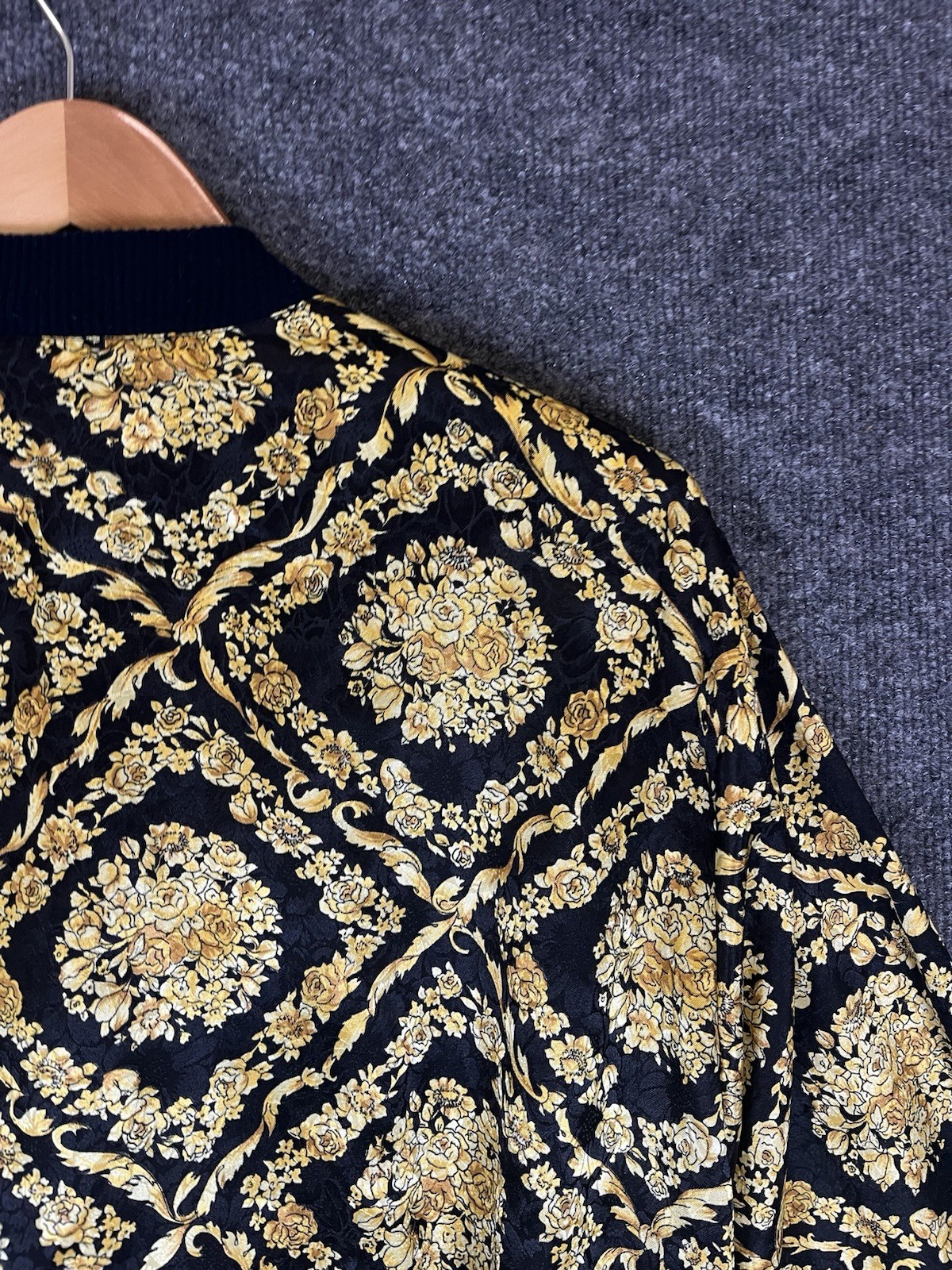 Vintage 80s 90s Papell Too Baroque Gold Floral Bomber Jacket Padded Shoulders