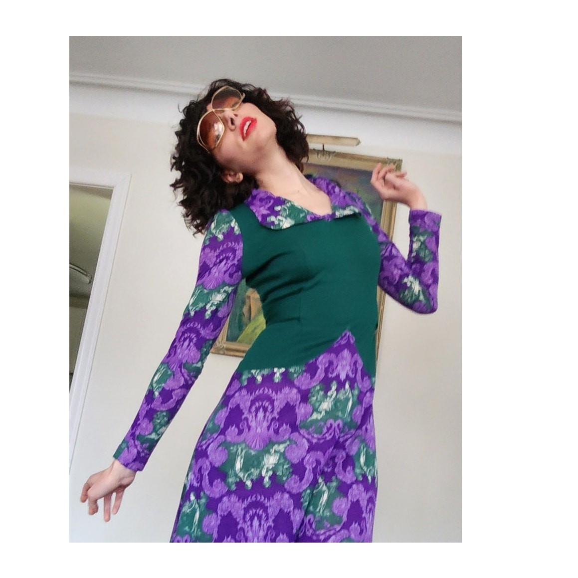 Vintage 70s Maxi Dress Purple & Green French Toile Print Baroque Rococo
