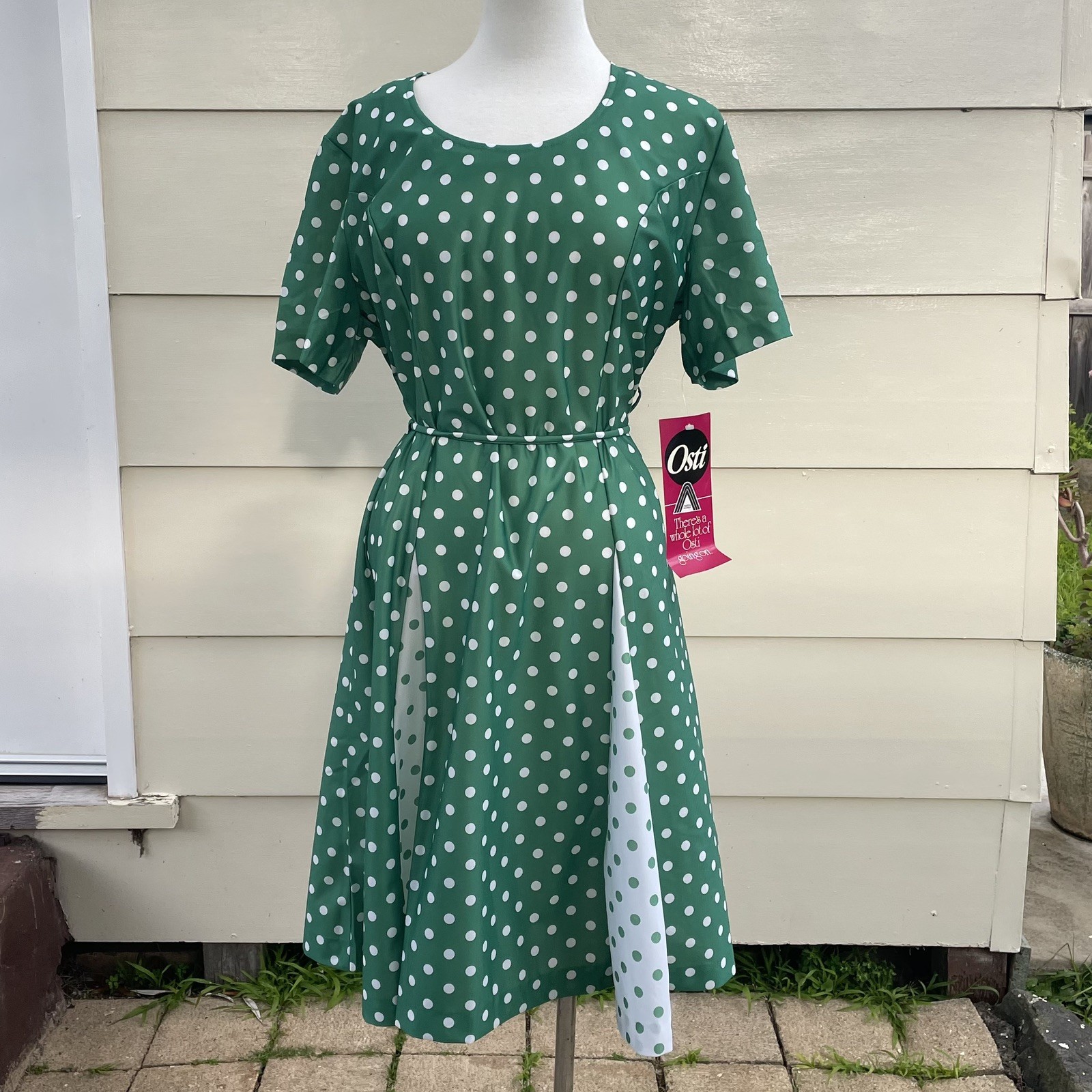 Vintage 70s Unworn size XL Midi Dress Green Spots Fit & Flare 'Osti’ tags