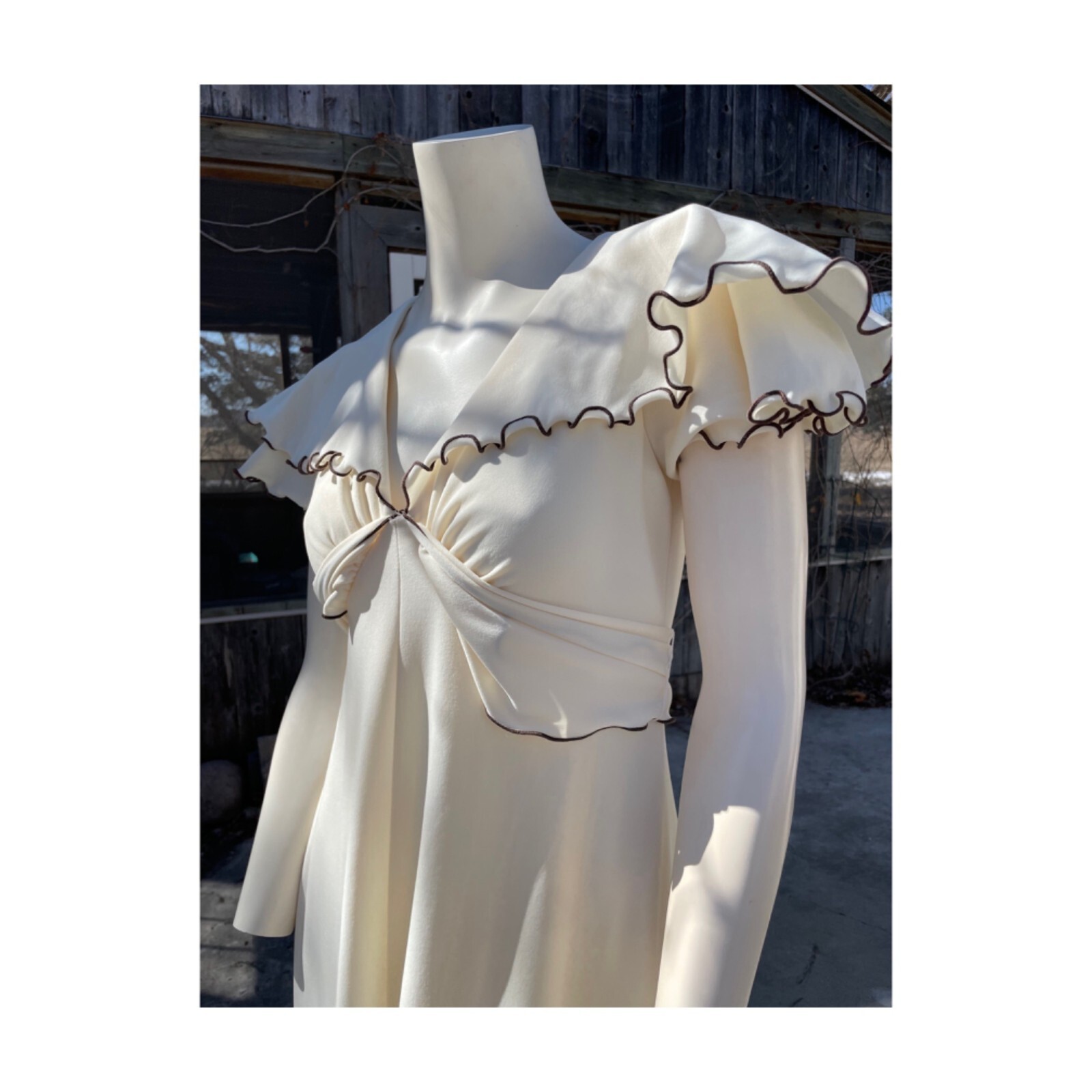 70s Ivory Maxi Dress Brown Ruffle Trim V Neck Cap Sleeve Wide Collar Wide Sash