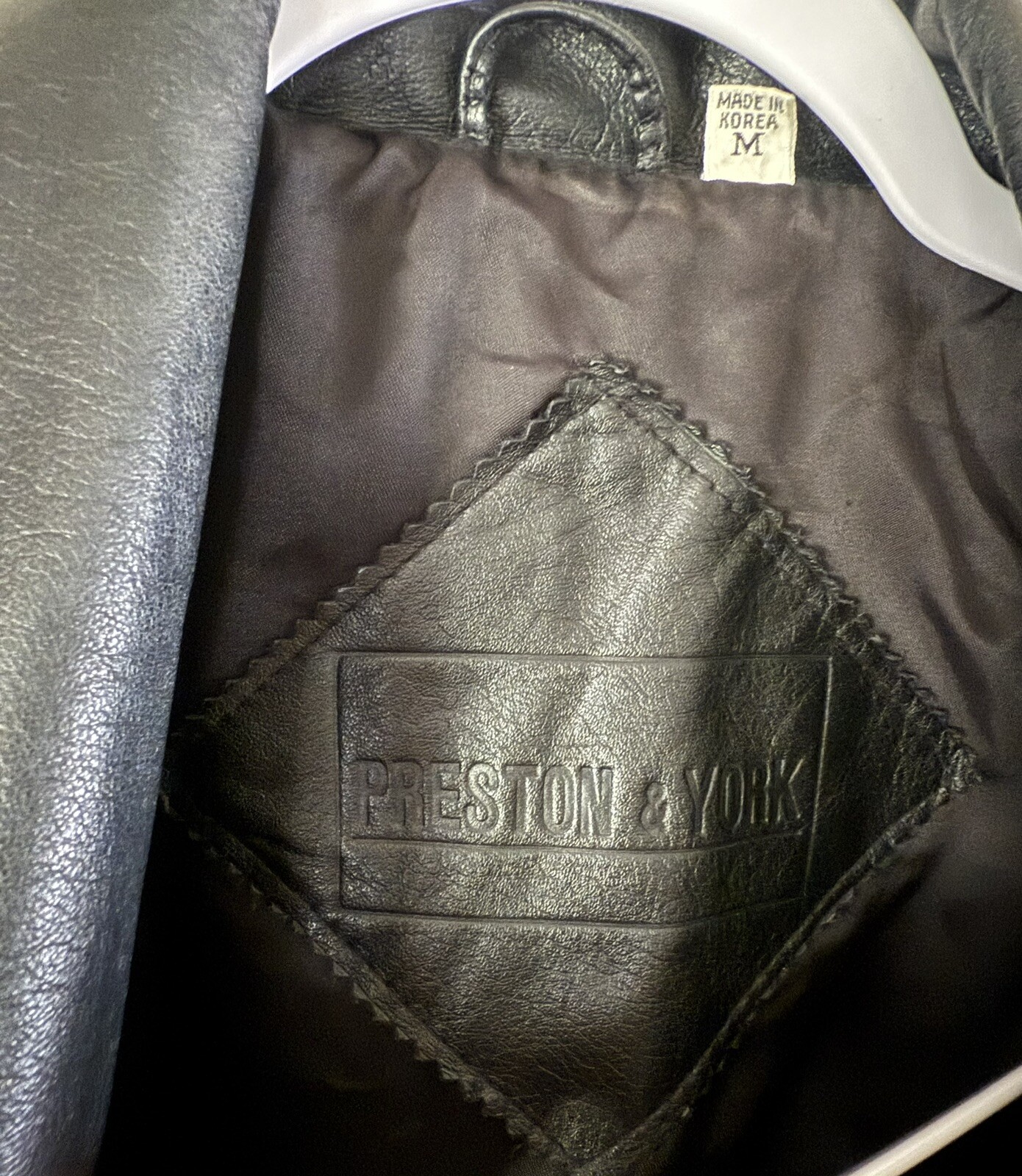 Vtg 80s Preston & York Leather Coat sz M BLack Embossed Paisley Suede Modern