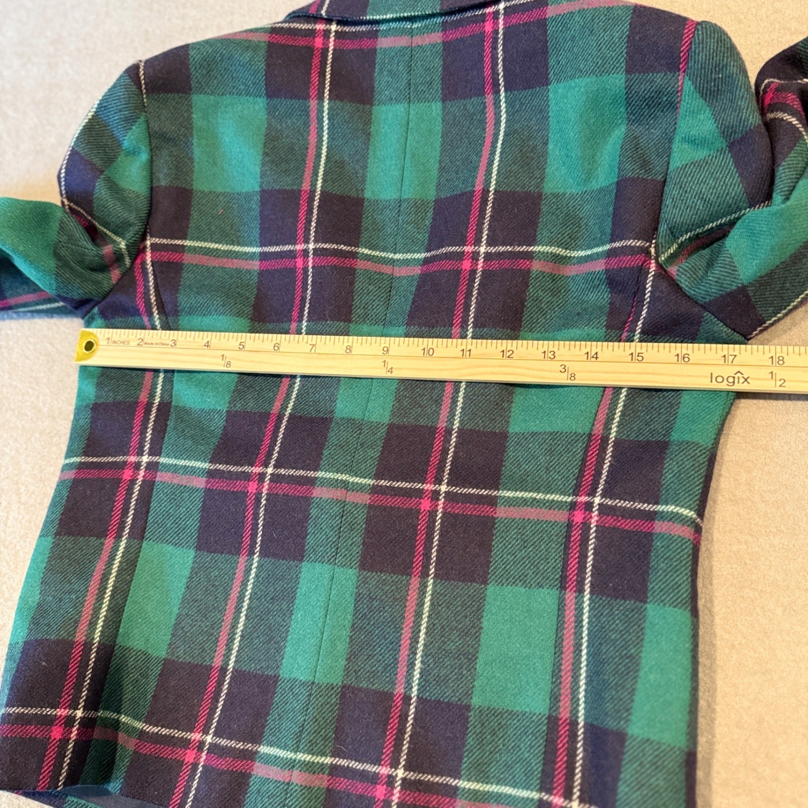 Vintage 80s Plaid Wool Blend Blazer – Teal Green Navy Pink – Petite Size 10