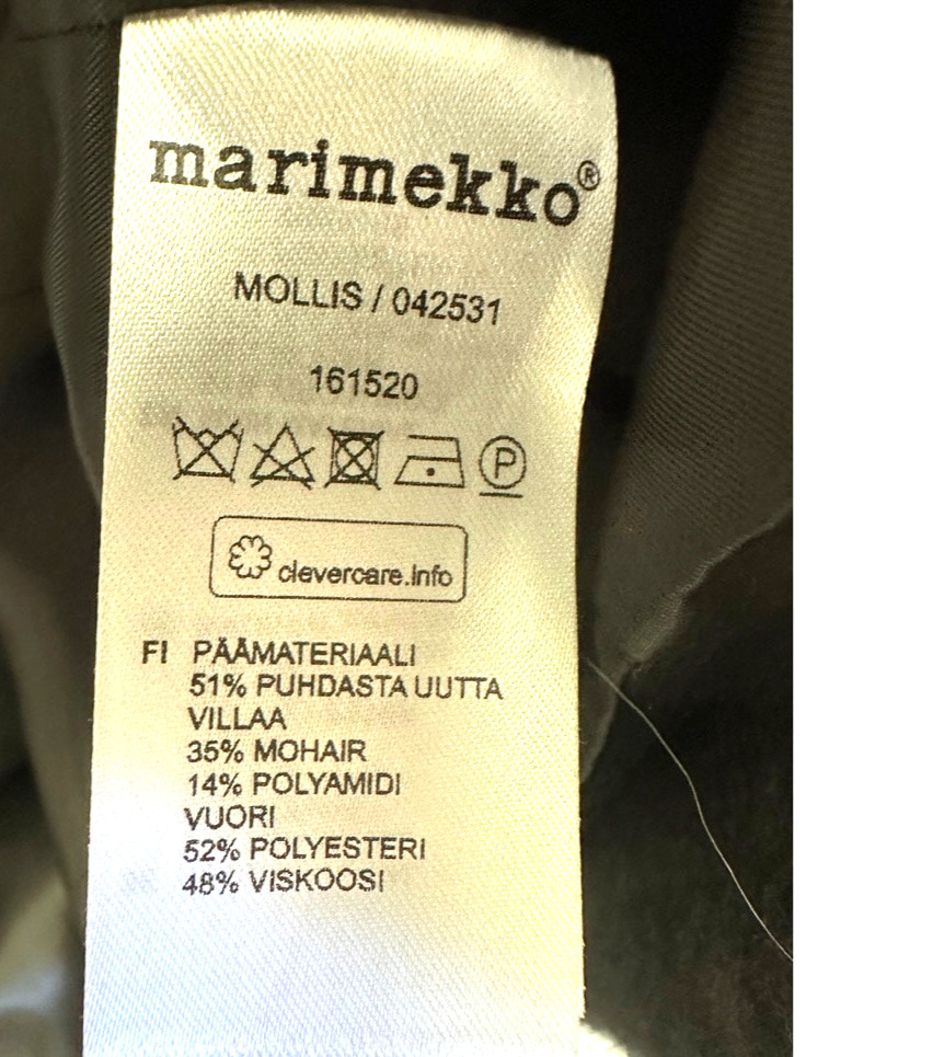 Marimekko Mollis Mohair Wool Blend Black Sack Coat Hidden Snap Pockets L
