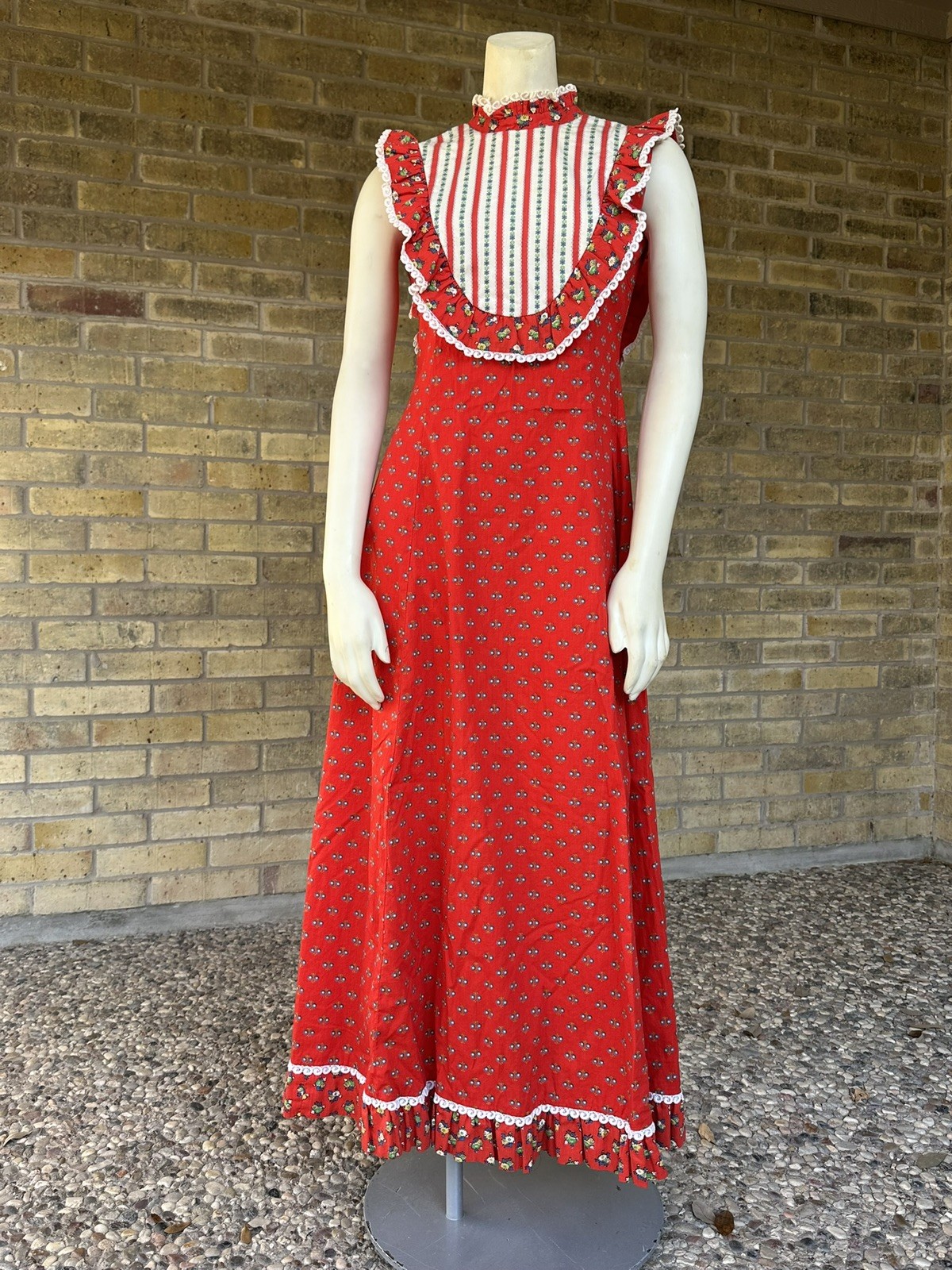 VTG 60s Malia Honolulu Prairie Maxi Dress Red Floral Ruffle Hawaiian XS S Rare