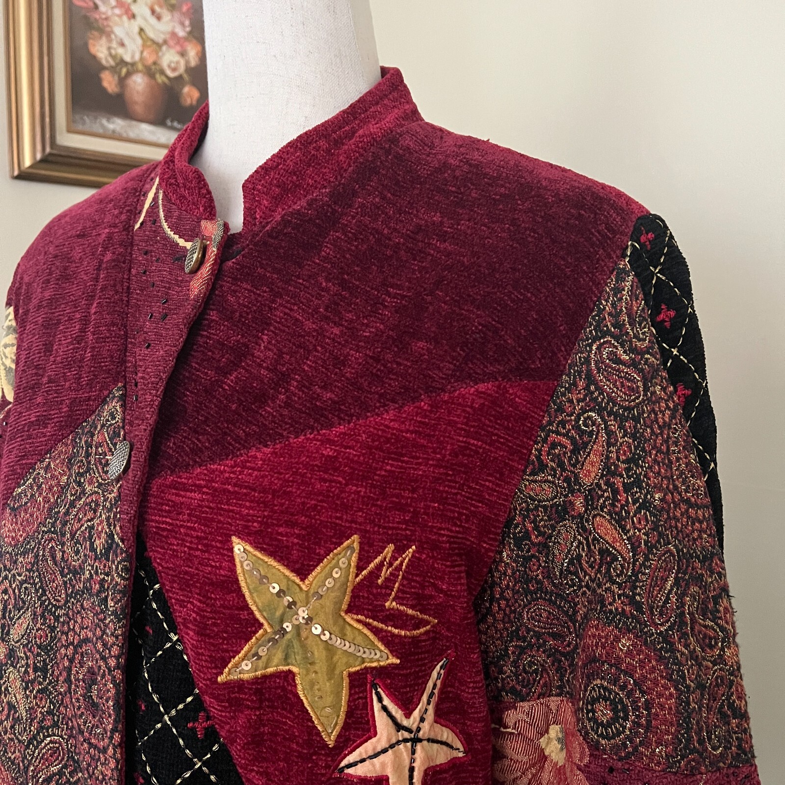 Alex Kim Vintage Burgundy Embroidered Patchwork Jacket sz Petite M