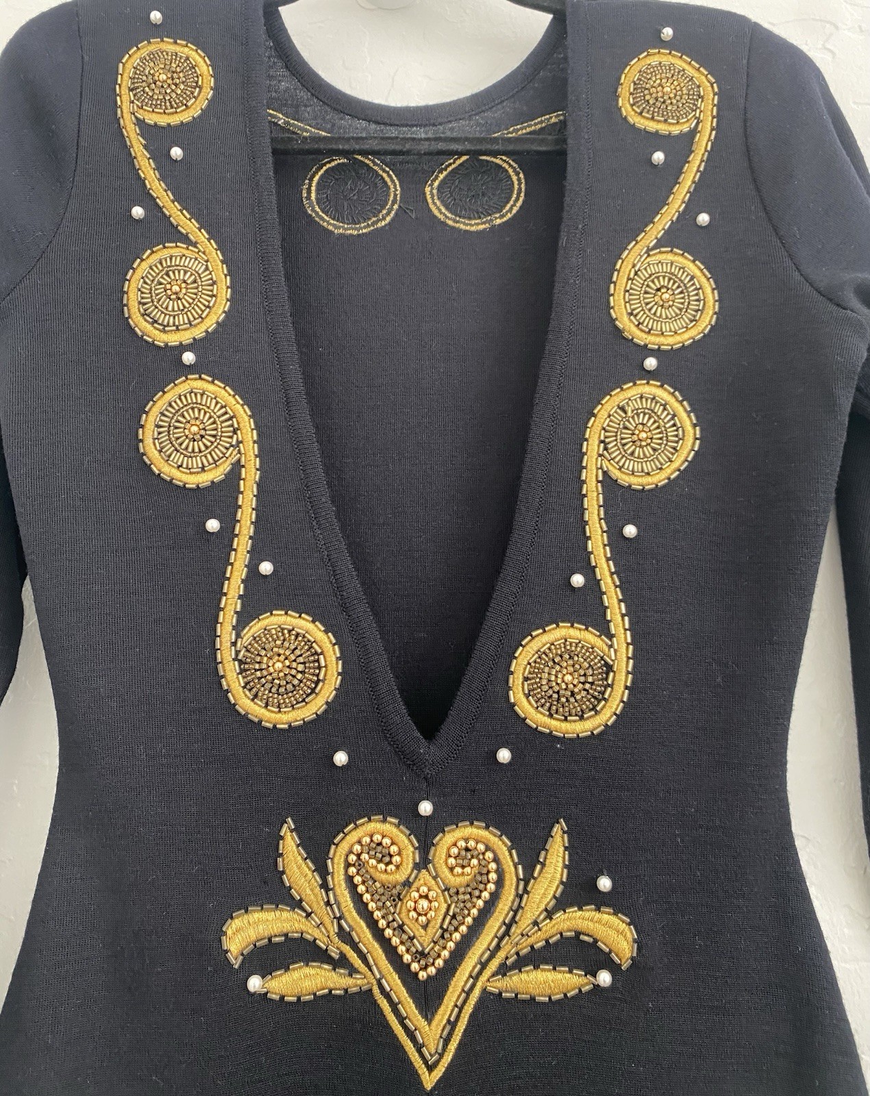 Fusion vintage 80s dress women Sz P black/Gold embroidery Knit Evening Night Out