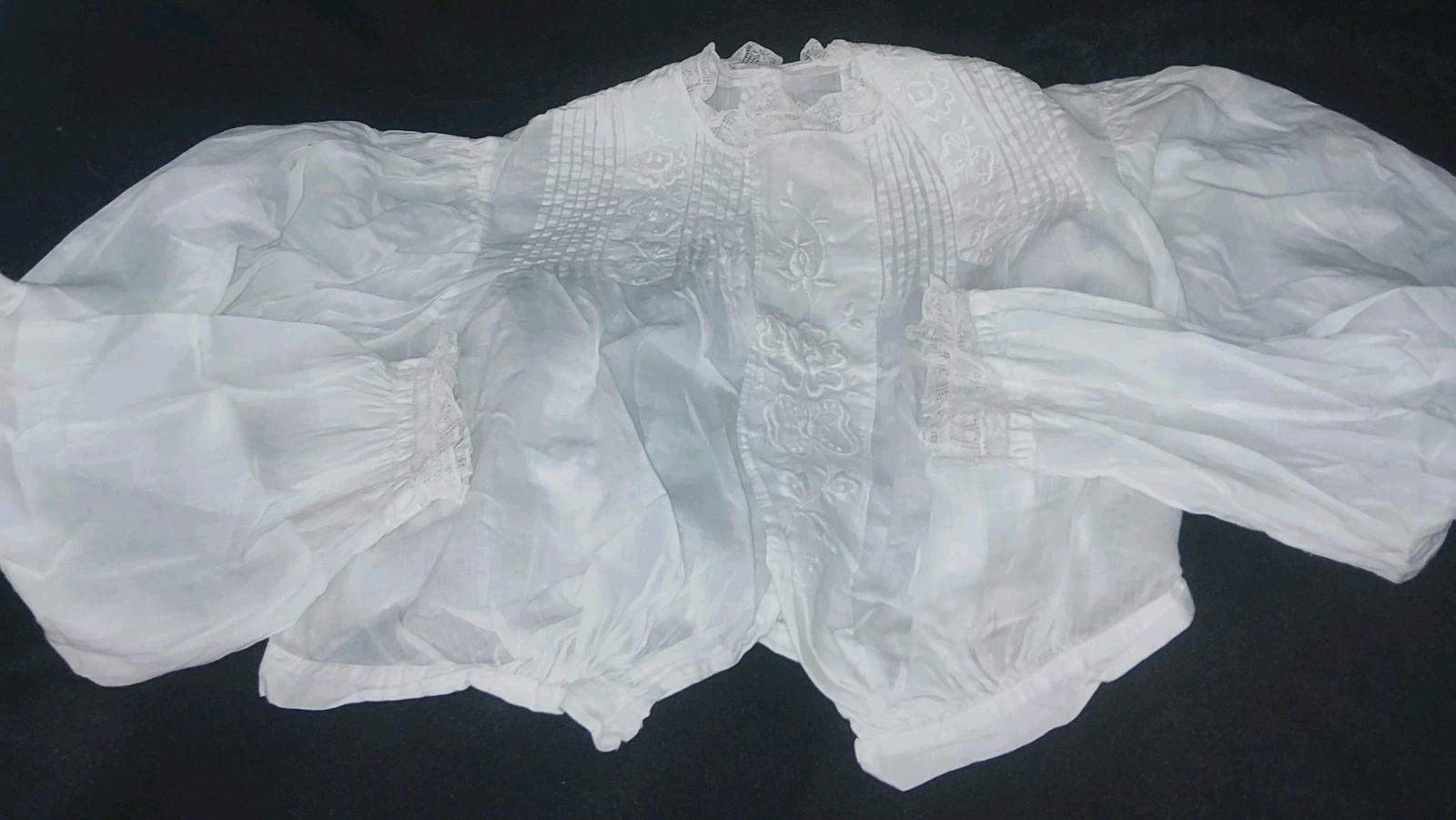 Antique White Victorian Lace Pintuck Blouse High Neck Button Back