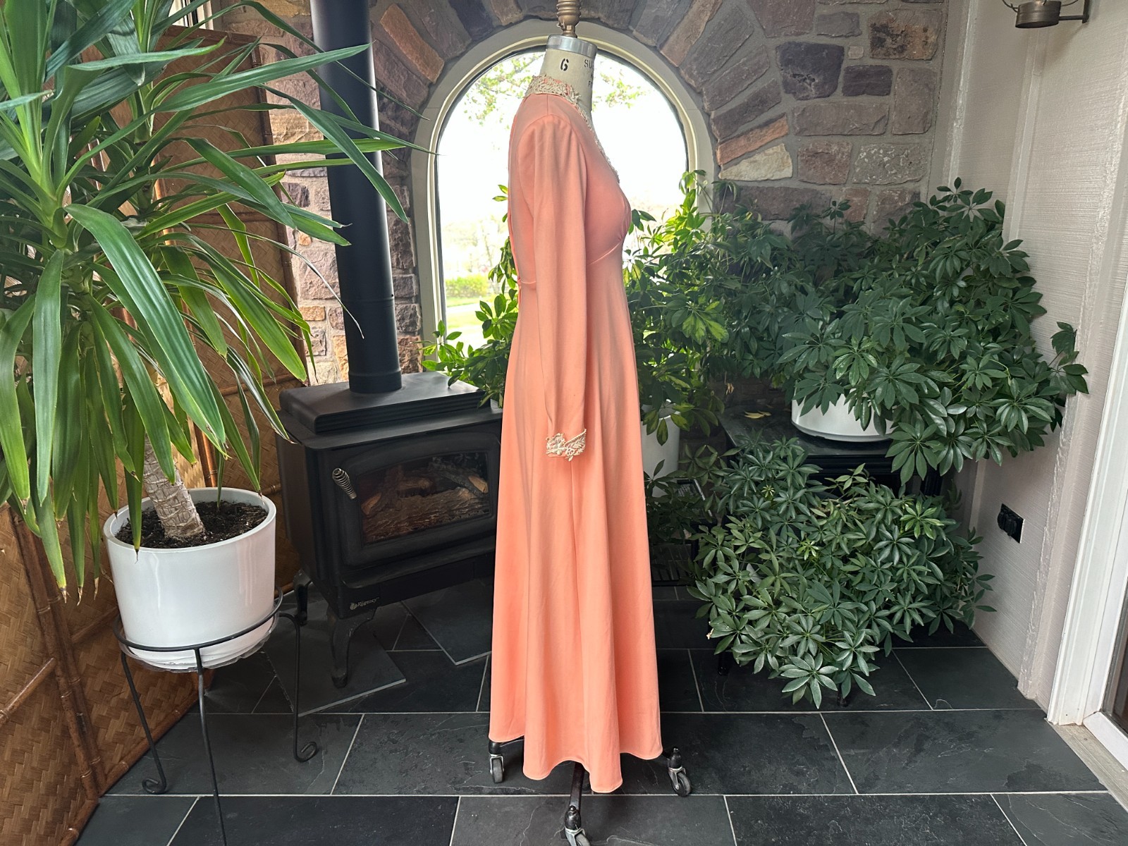 Vintage 1970s Apricot Knit and Ivory Lace Maxi Dress