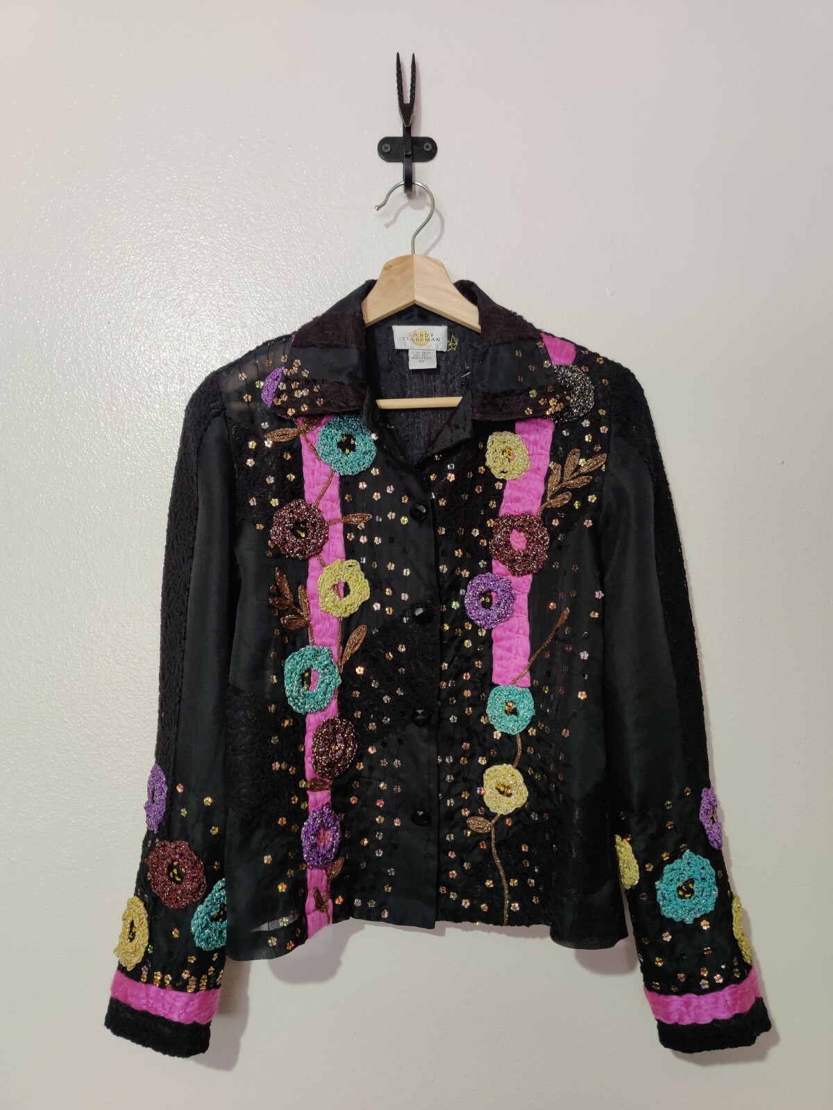 Vintage Sandy Starkman Size XS Embroidered Floral Silk Sheer Button Up Blouse To