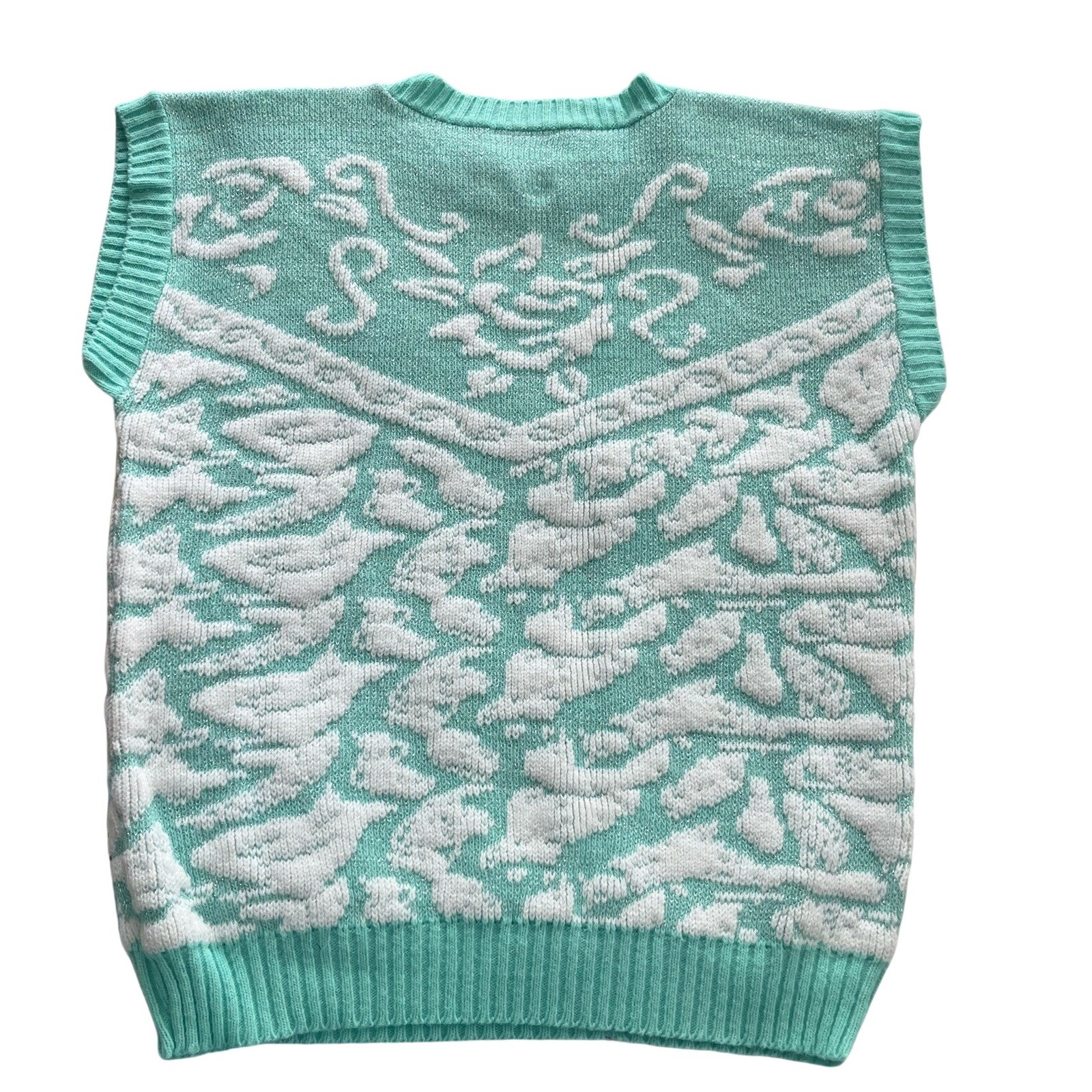 Vintage Mint Green White Floral Knit Sweater Vest Metallic Shimmer Sleeveless L