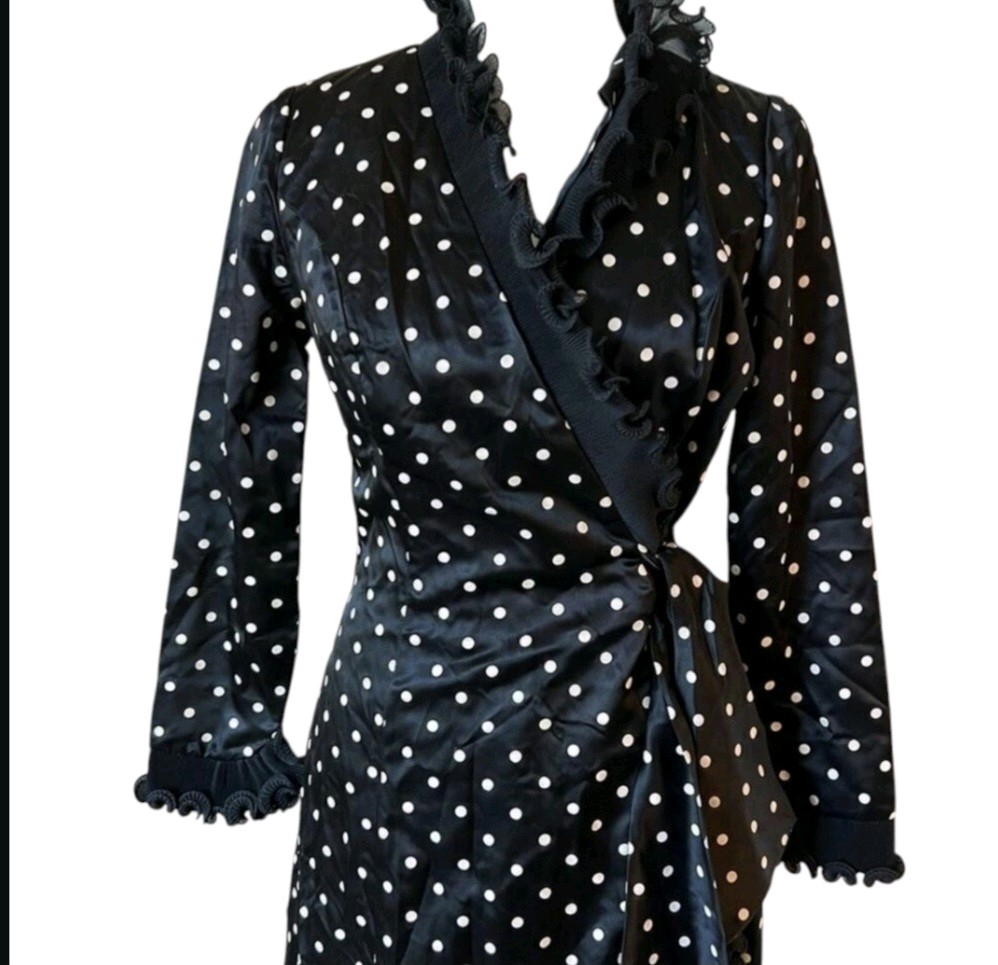 Alfred Werber Vintage Retro Accordian Ruffle Polka Dot Wrap Robe Dress SZ Small