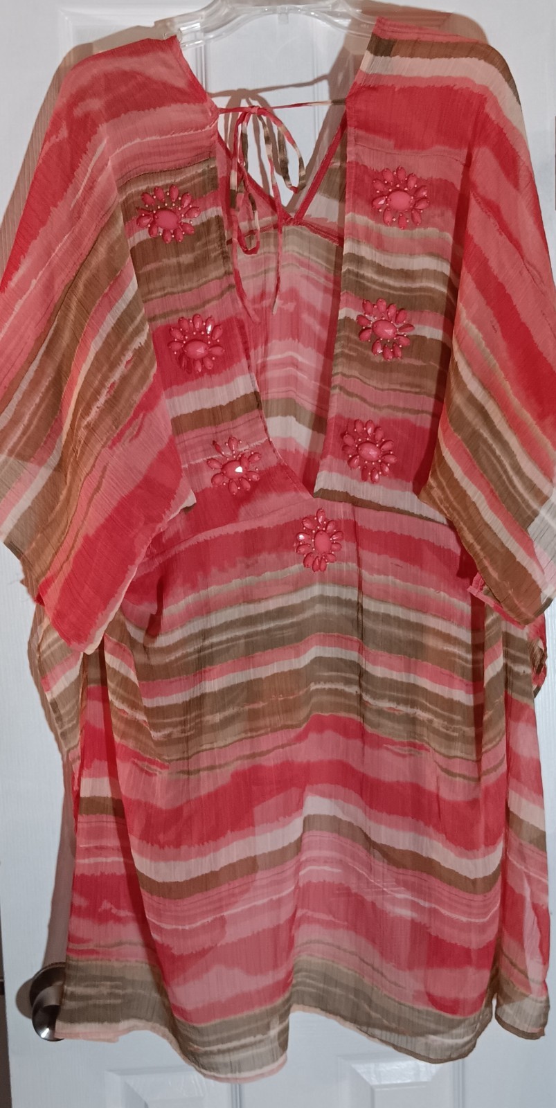 Womens Cafton Sheer Red Pink Brown White Boho Stripe Vintage House Dress Swim…