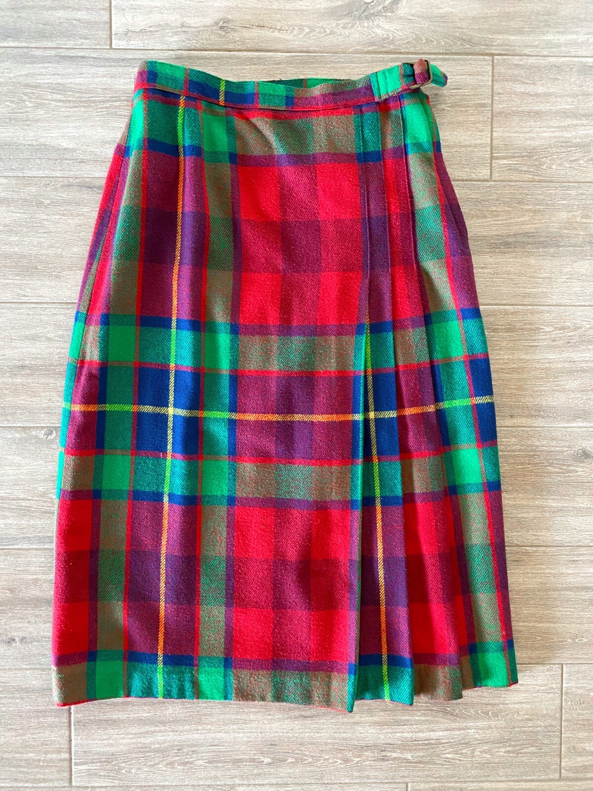 VTG 80’S HABERDASHERY PLAID SKIRT WOOL FRONT PLEAT SIDE ZIP BUCKLE FITS 26-28″W