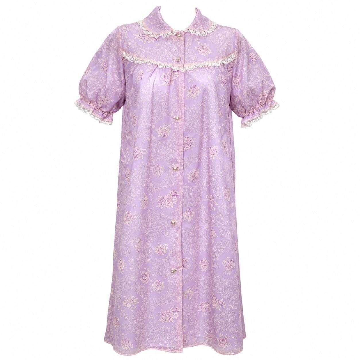 Vintage 1950s Lavender Floral Nylon Robe Lace Trim Button Front Housecoat 18