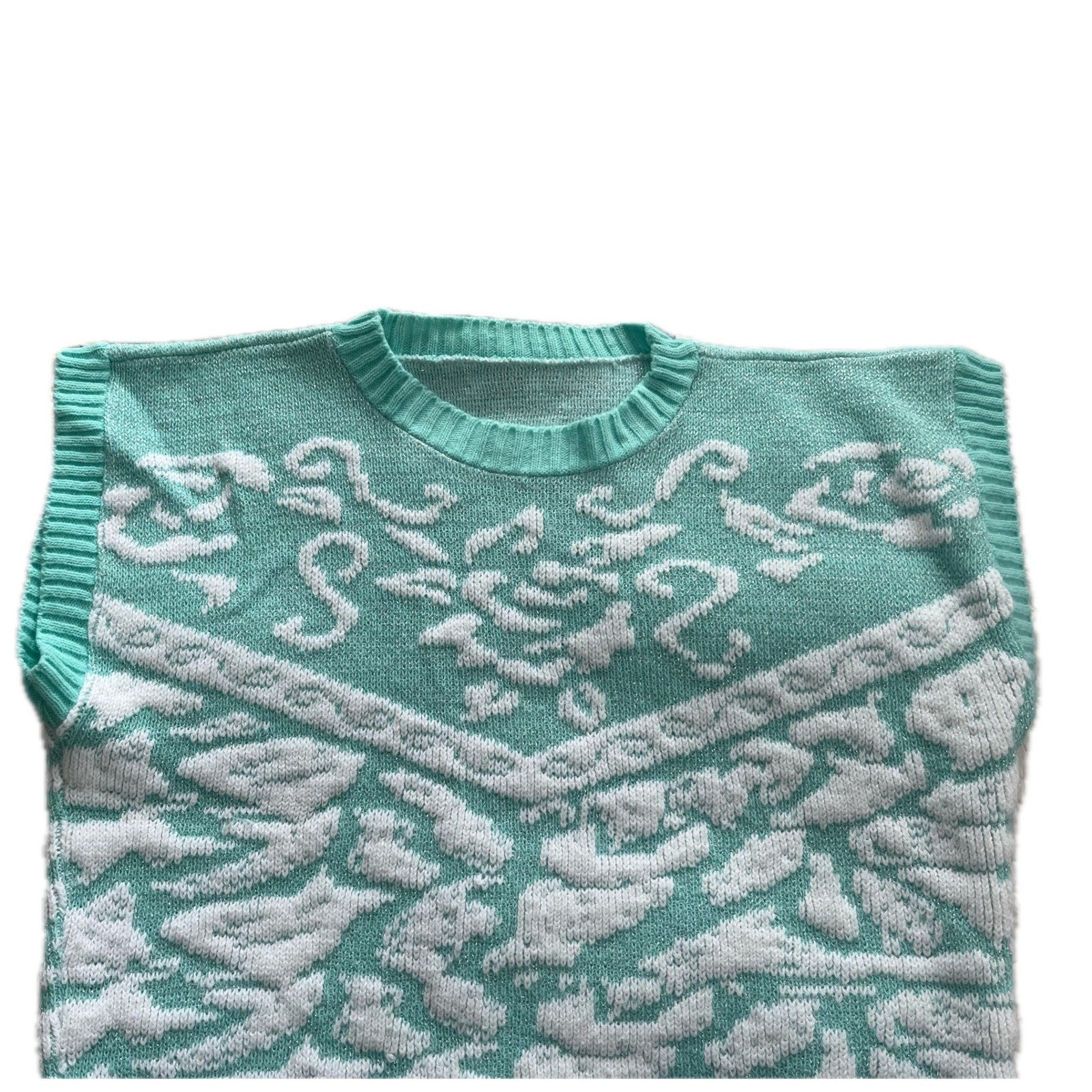 Vintage Mint Green White Floral Knit Sweater Vest Metallic Shimmer Sleeveless L