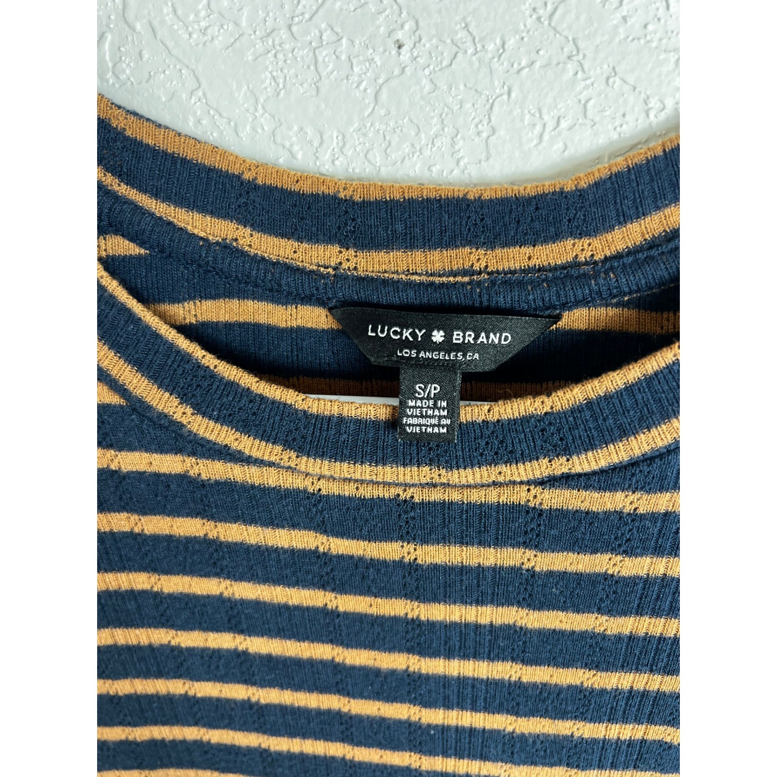 Lucky Brand Striped Puff Sleeve Knit Top Size Small Navy Brown Preppy Casual