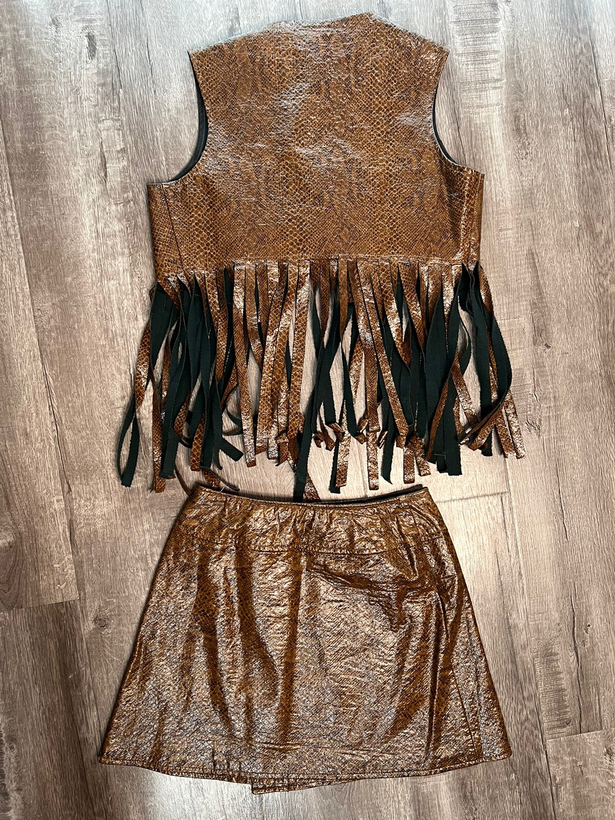 Vintage 60s Snake Leather Fringe Set Mini Skirt Cropped Top GOGO Goth Mod RARE