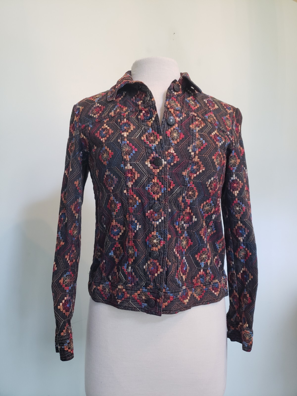 VTG Coldwater Creek Womens Petite PXS Embroidered Jean Jacket Southwestern Aztec