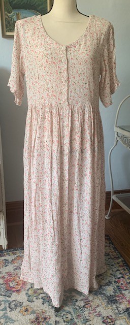 Vintage Midi Maxi Dress Pink ROSE Floral Rayon Cottagecore Pastel 90s Y2K Large