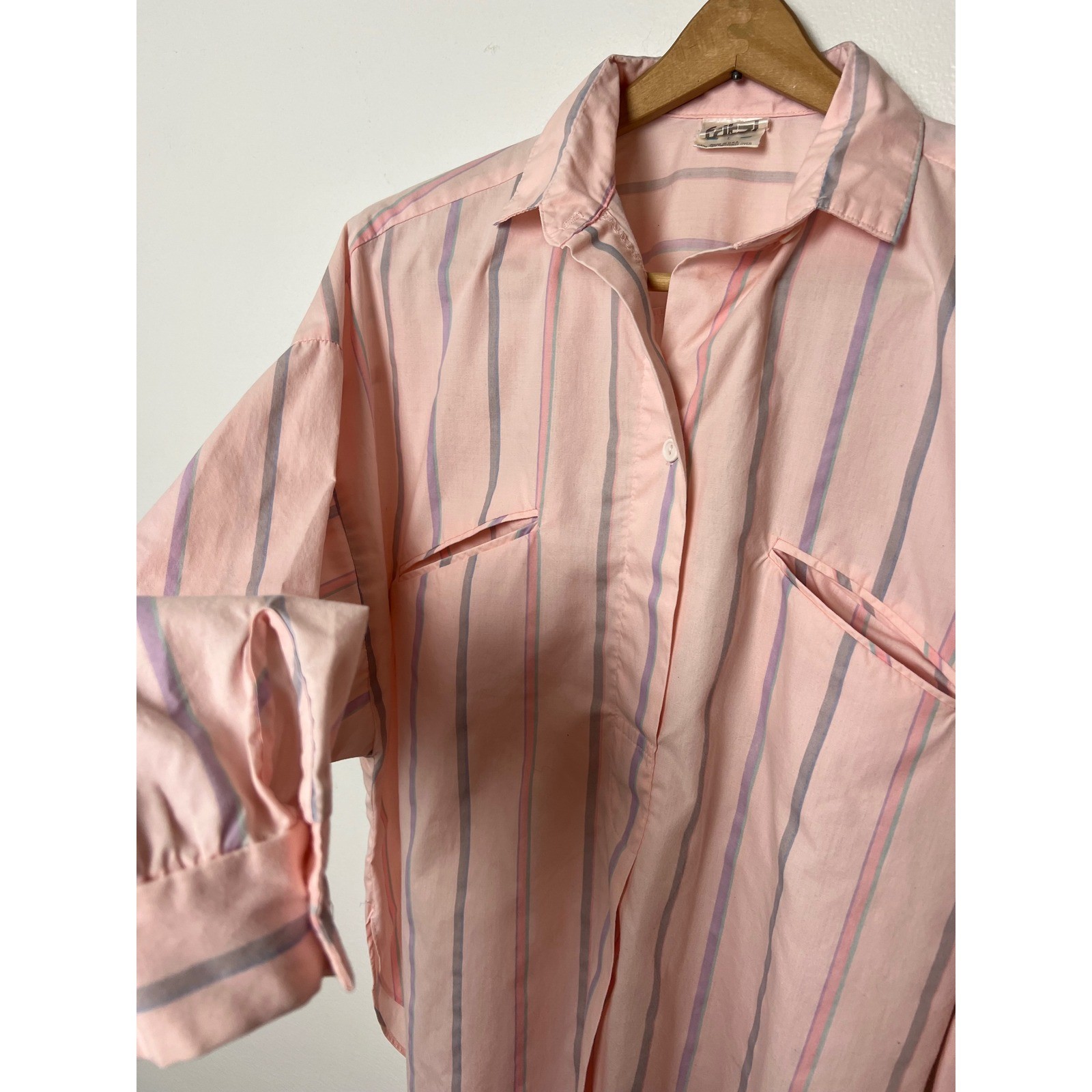 Vintage Fritzi Pink Striped Button Down Shirt Batwing Sleeve Pastel 80s Large