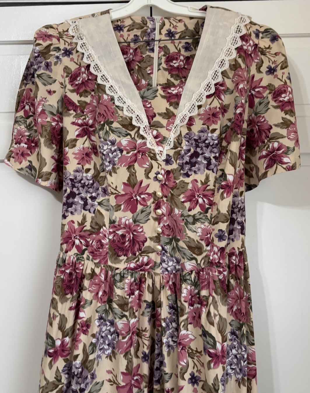 Vintage Floral Lace Collar Midi Dress~ Sz 12/14? Tea Garden Party COTTAGECORE