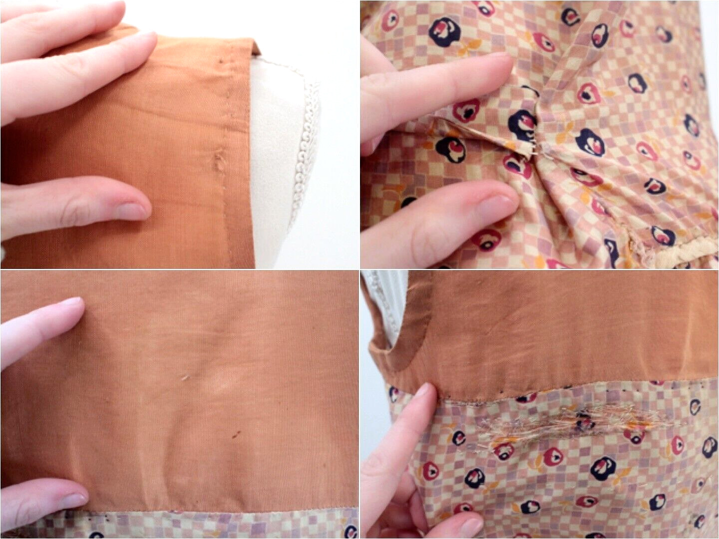 VTG Women’s 20s Tan & Peach Silk Drop Waist Dress W/ Floral Print 1920s Sz S/M