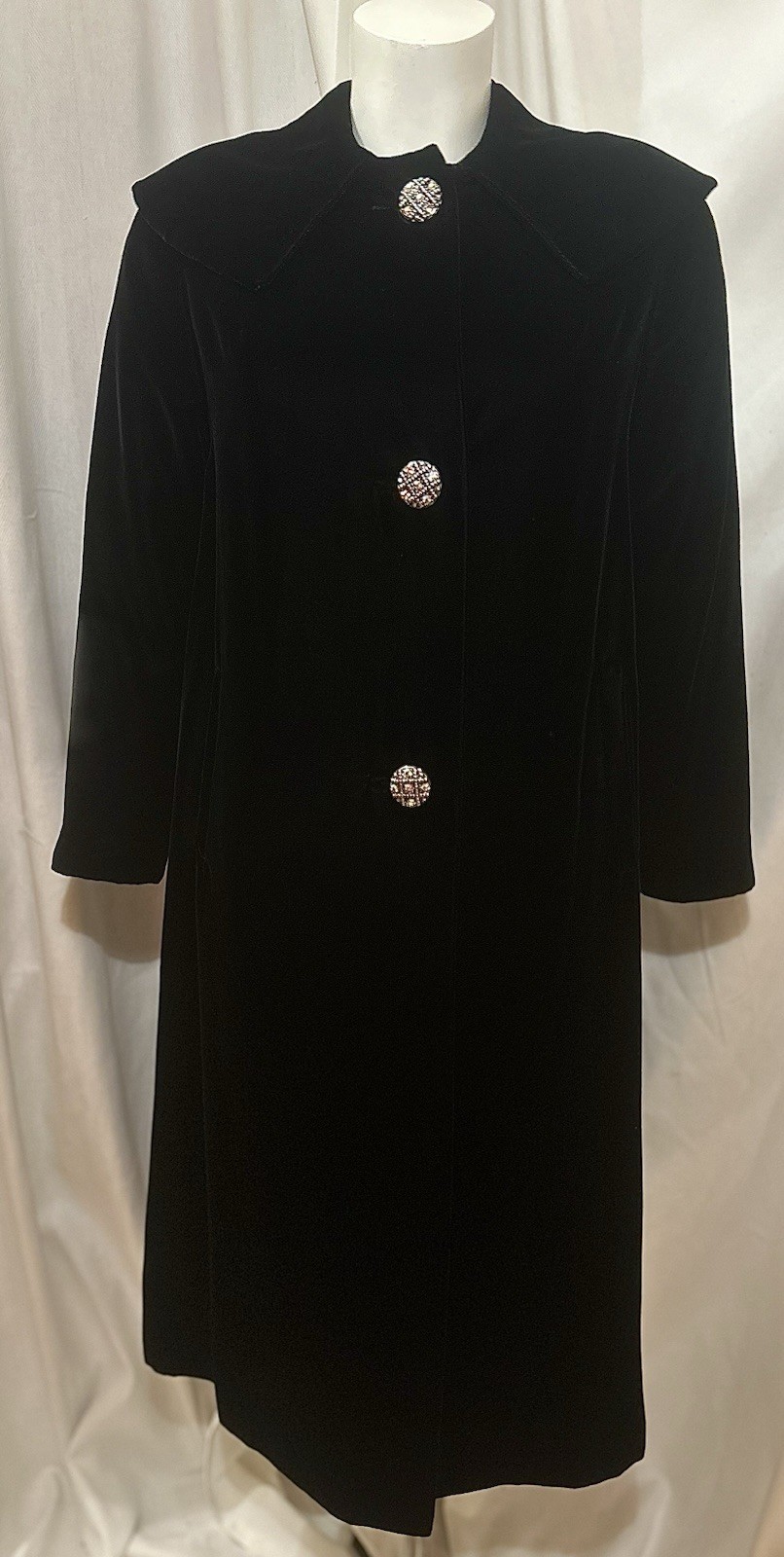 Vtg 50s 60s Black Velvet Rhinestone Button Pockets Swing Opera Dress Coat XS/S