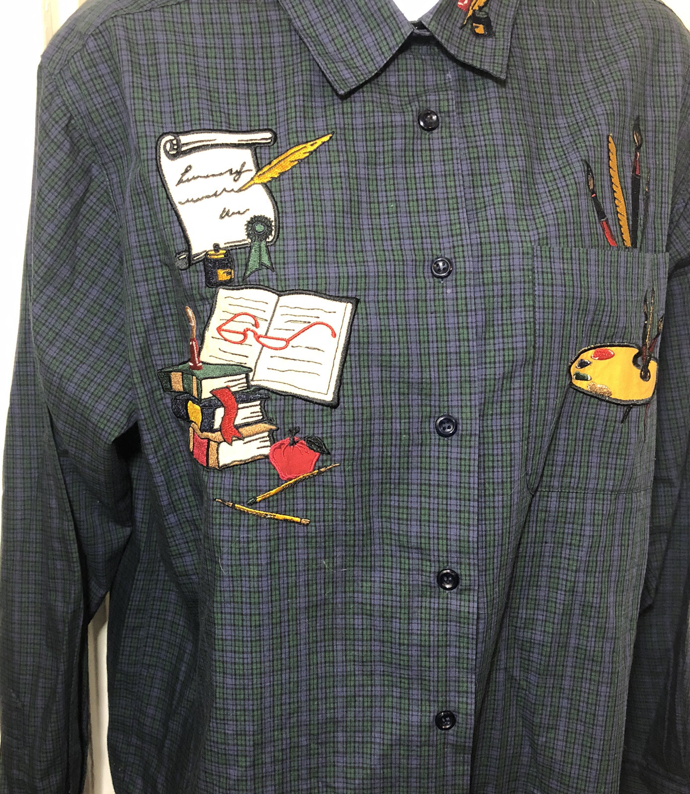 Vintage KAREN SCOTT 1980s Artist Paint Supplies Embroidered Shirt Blouse MEDIUM