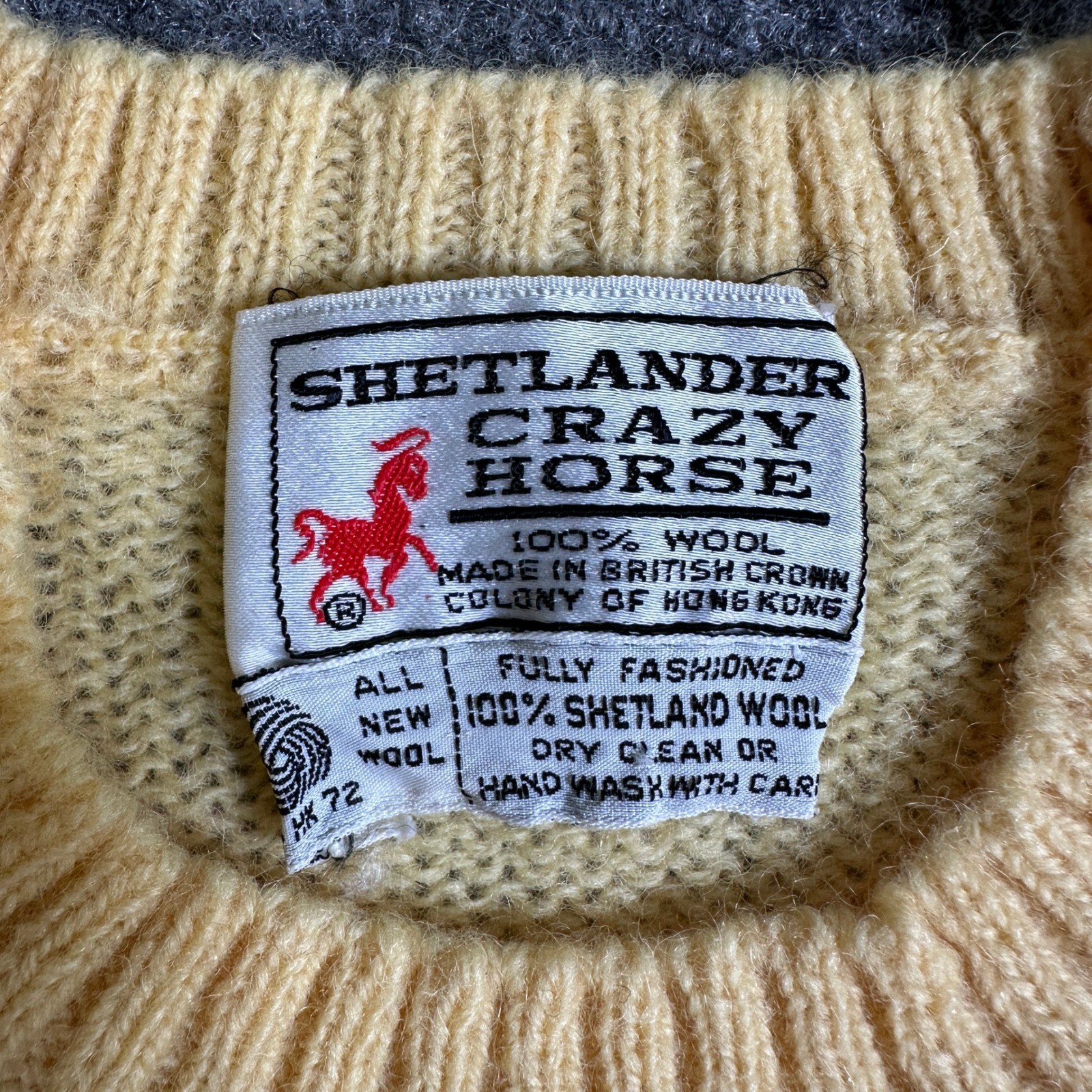 Vintage Crazy Horse Shetlander Yellow 100% Shetland Wool Crewneck Sweater HK72