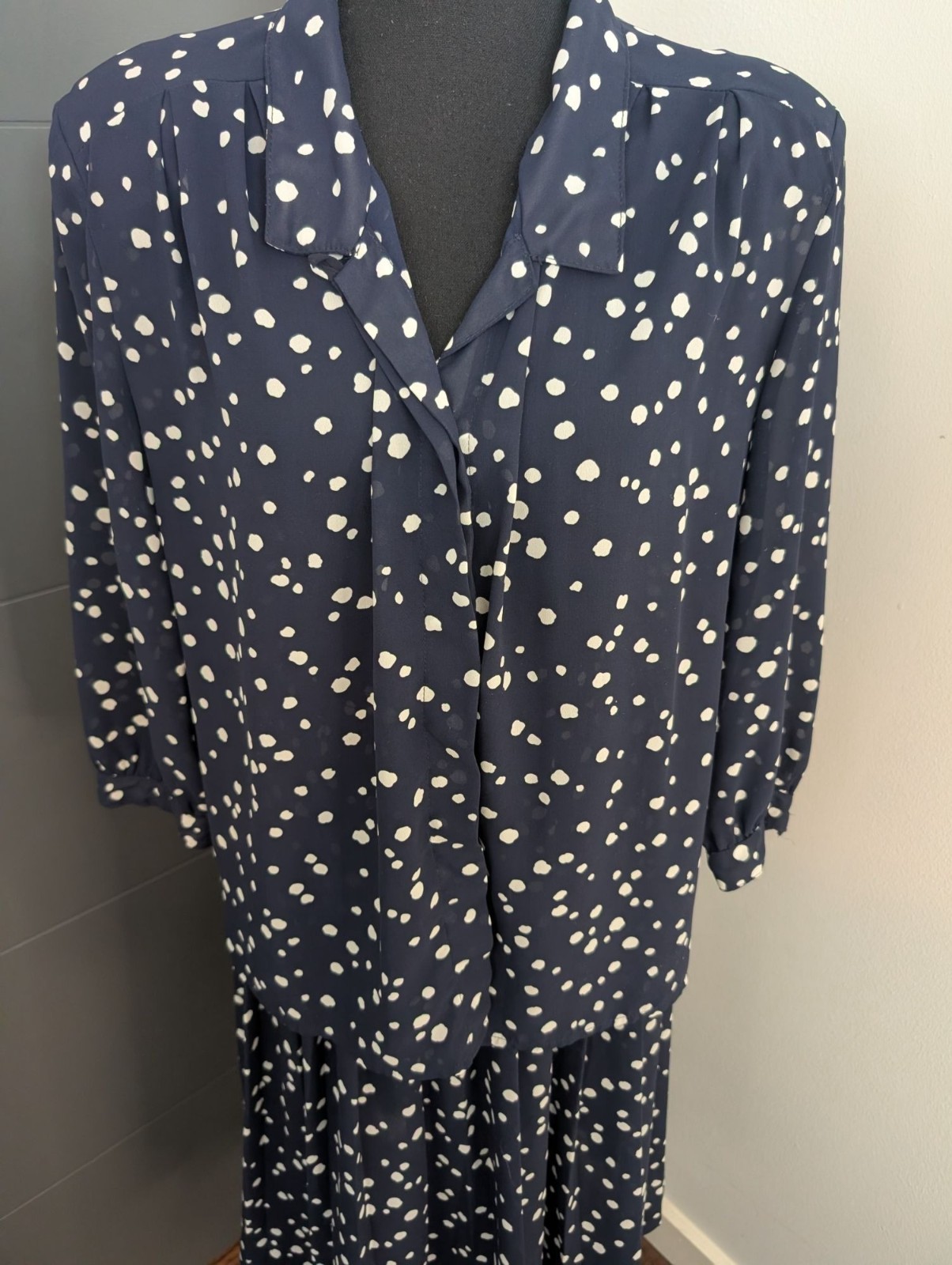Vintage Campus Casuals Navy Polka Dot Two-Piece Set – Blouse & Skirt – 14