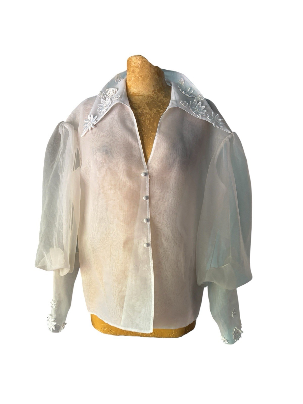 Vintage Sheer White Blouse Couture lStatement Floral Appliqué Long Sleeve