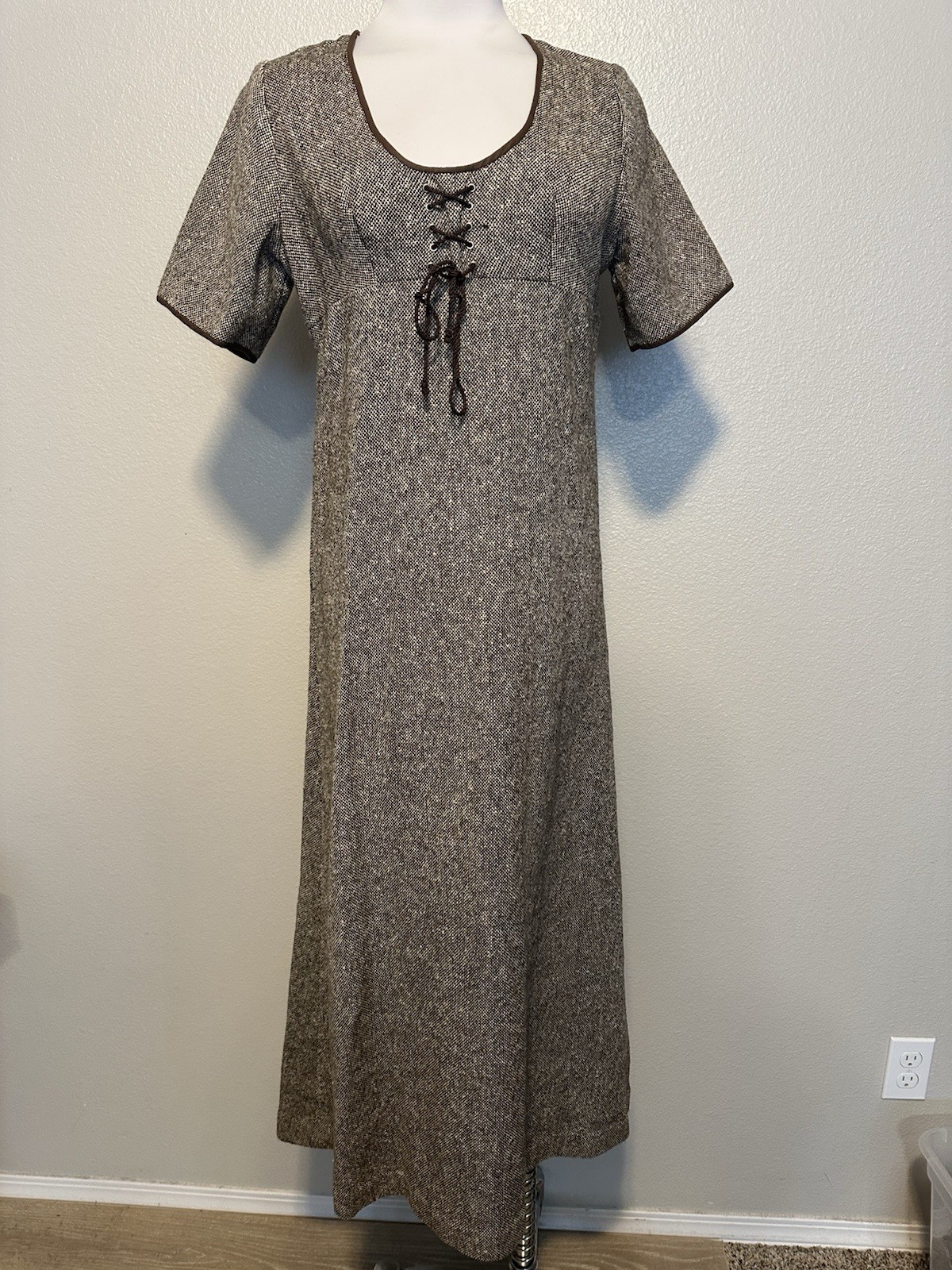VTG 1970’S DESIGNER JEAN VARON England Tweed Lace Up Bodice Midi/Maxi Dress M