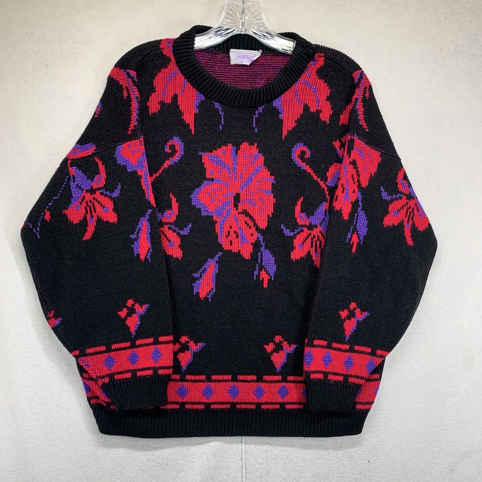 Vintage Arielle Floral All Over Sweater Women’s Size Large BOXY Metallic Acrylic