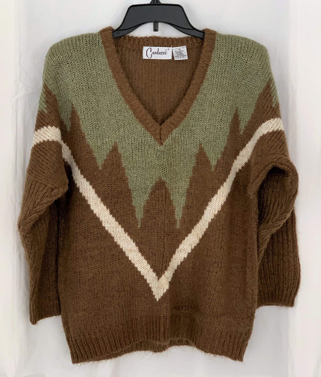 Vintage 1980’s Carducci V-Neck Sweater Brown Green White Gold Metallic Sz Medium