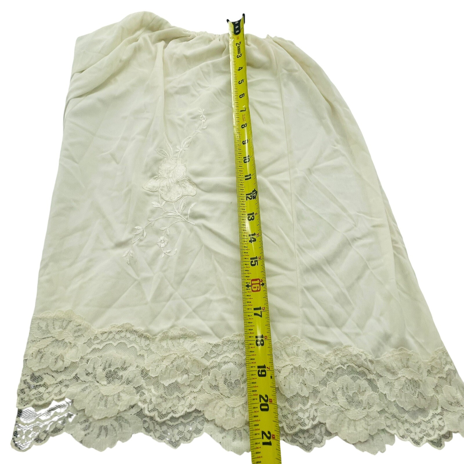 Vtg LOOMCRAFT White Half Slip Floral Embroidered Lace Silky Nylon Lace L USA