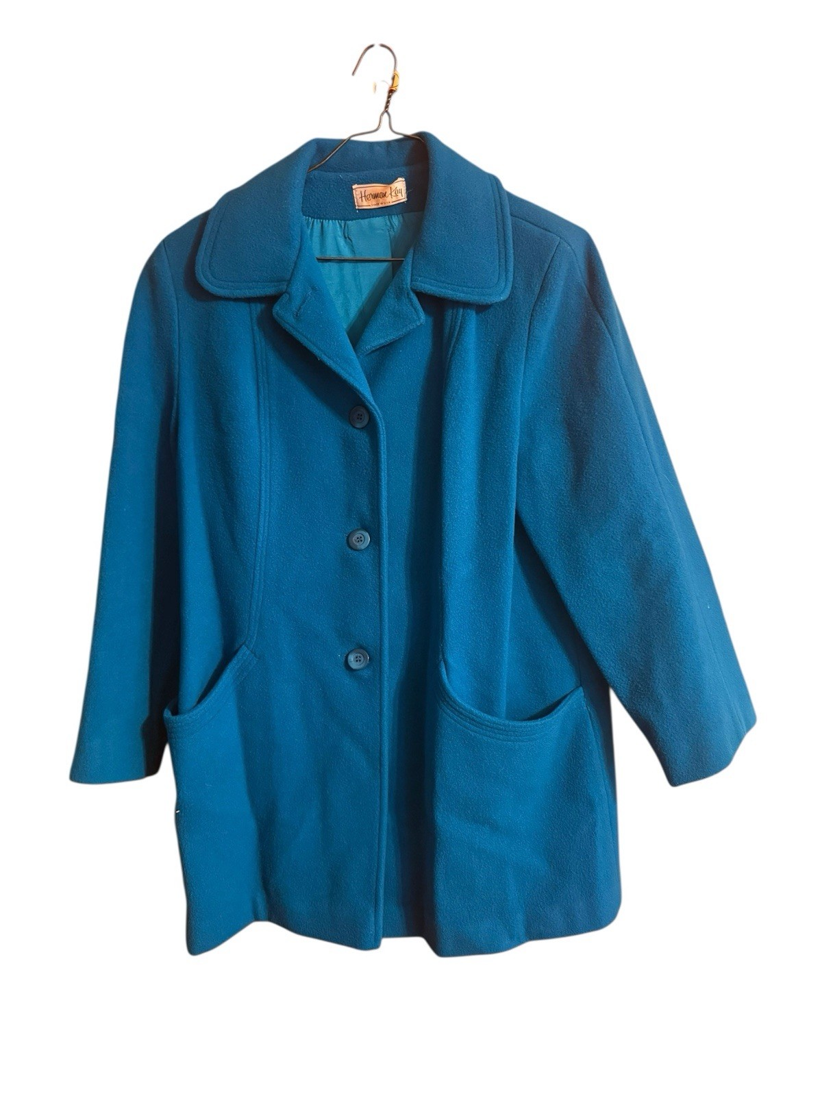 Vintage Teal Peacock Blue Car Coat Women’s XL/2X 80% Wool Satin Lined READ