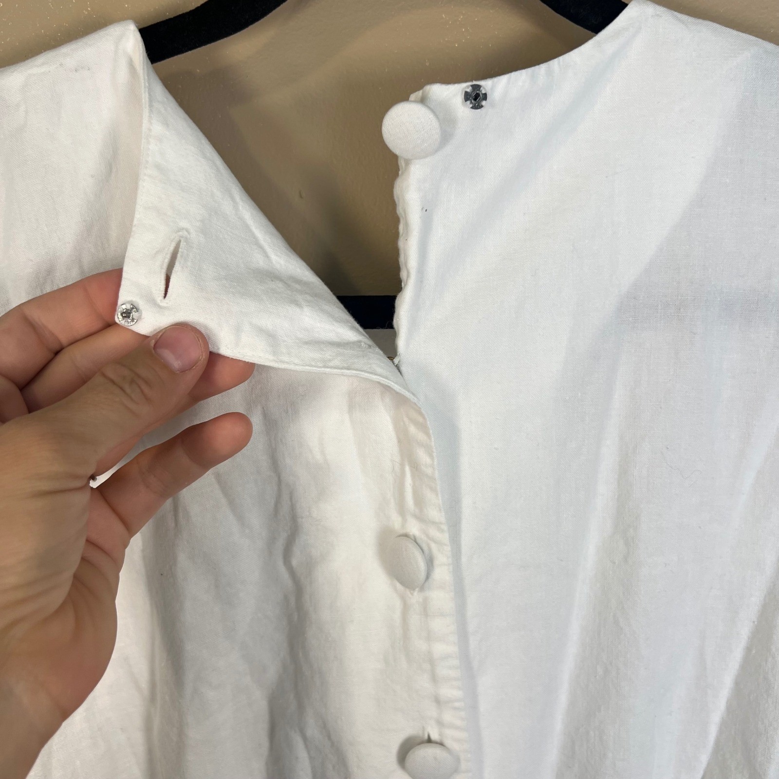 Vintage White Cotton Embroidered Midi Dress Puffed Sleeve Beaded Drop Waist