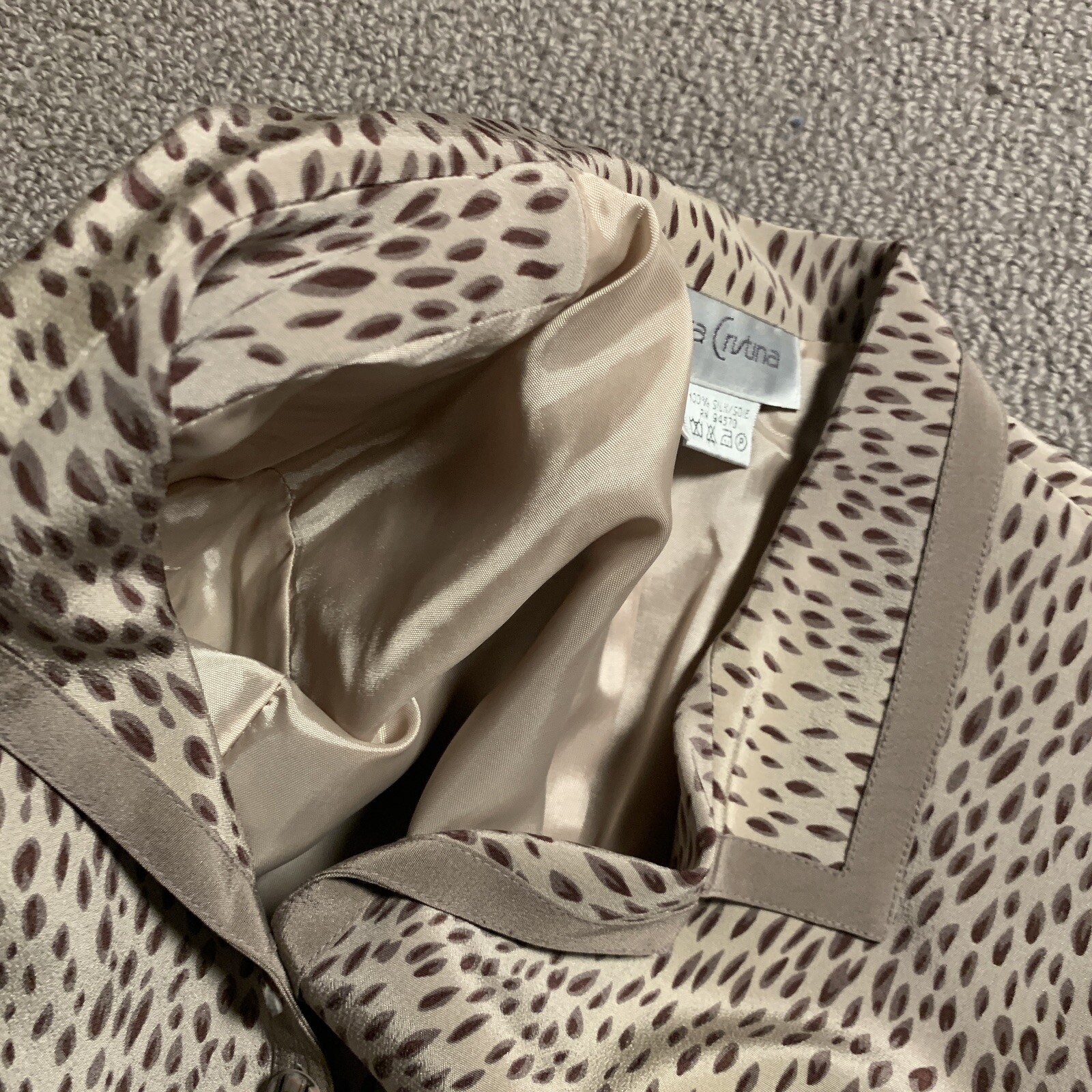 Vintage Vera Cristina Jacket Women S 100% Silk Blazer Beige Animal Print Lined