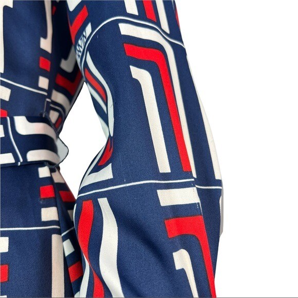 VINTAGE 70’s LANVIN Paris Red White & Blue Long sleeve Shirt Dress Sz 10 w/Belt
