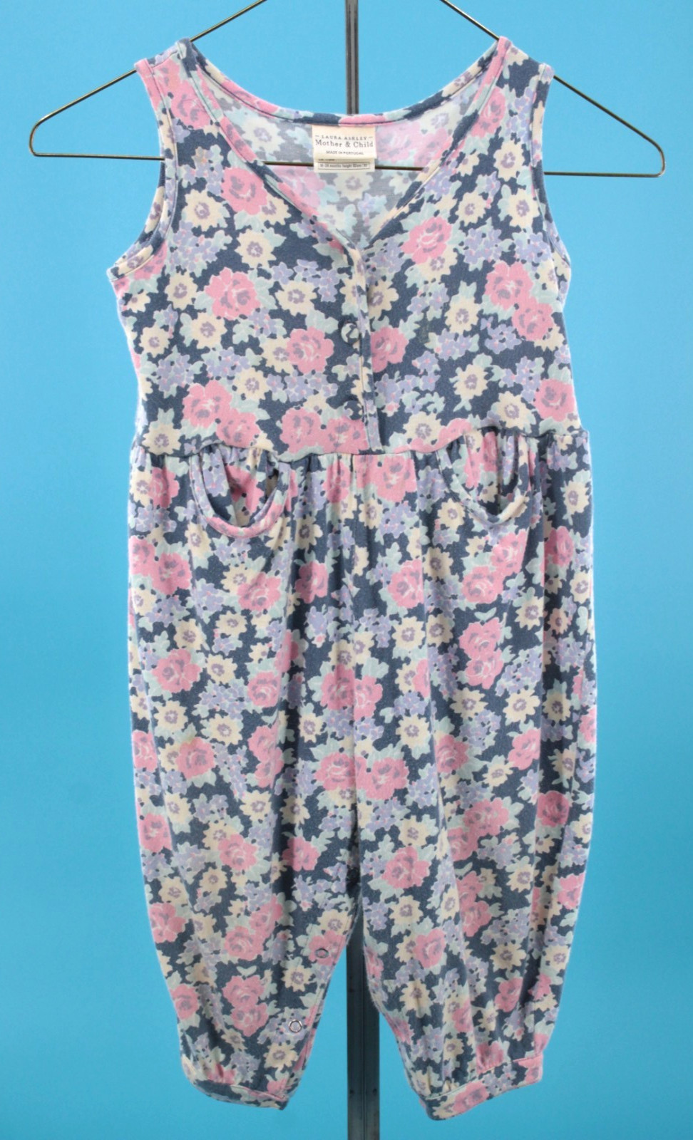 Vtg Womens 80s 90s 2Pc Navy Pink Floral Laura Ashley Mother/Child Dress & Romper