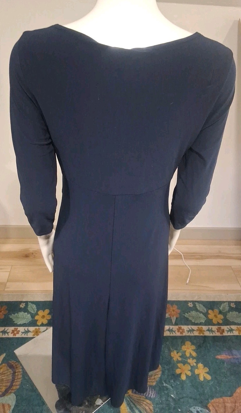 Vtg 80s Joseph Ribkoff Dress Size 8 3/4 Sleeve V Neck Navy Blue Stretch Slinky