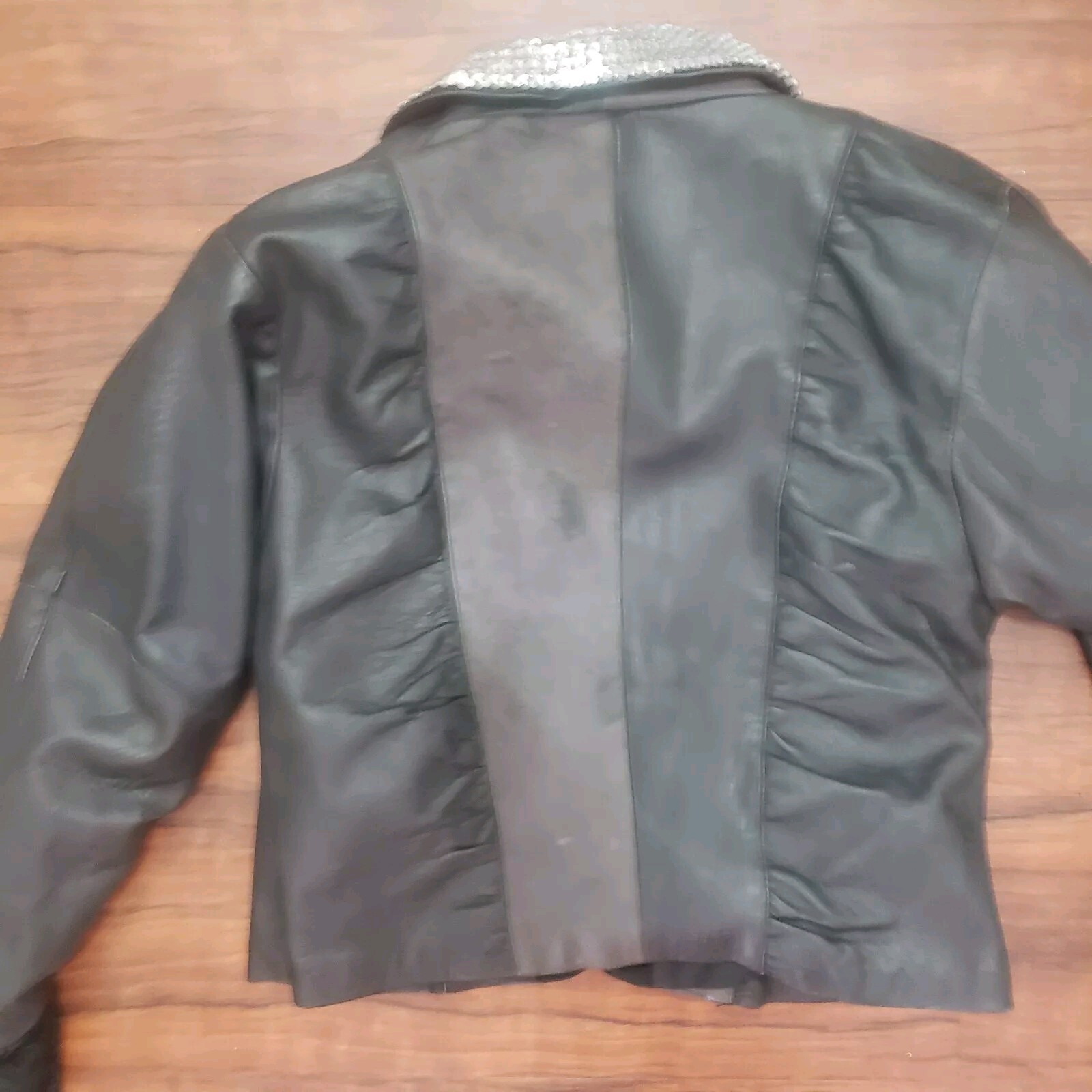 Vtg 80s Sz L black Leather Jacket sequins collar puff sleeves Glam Mobwife