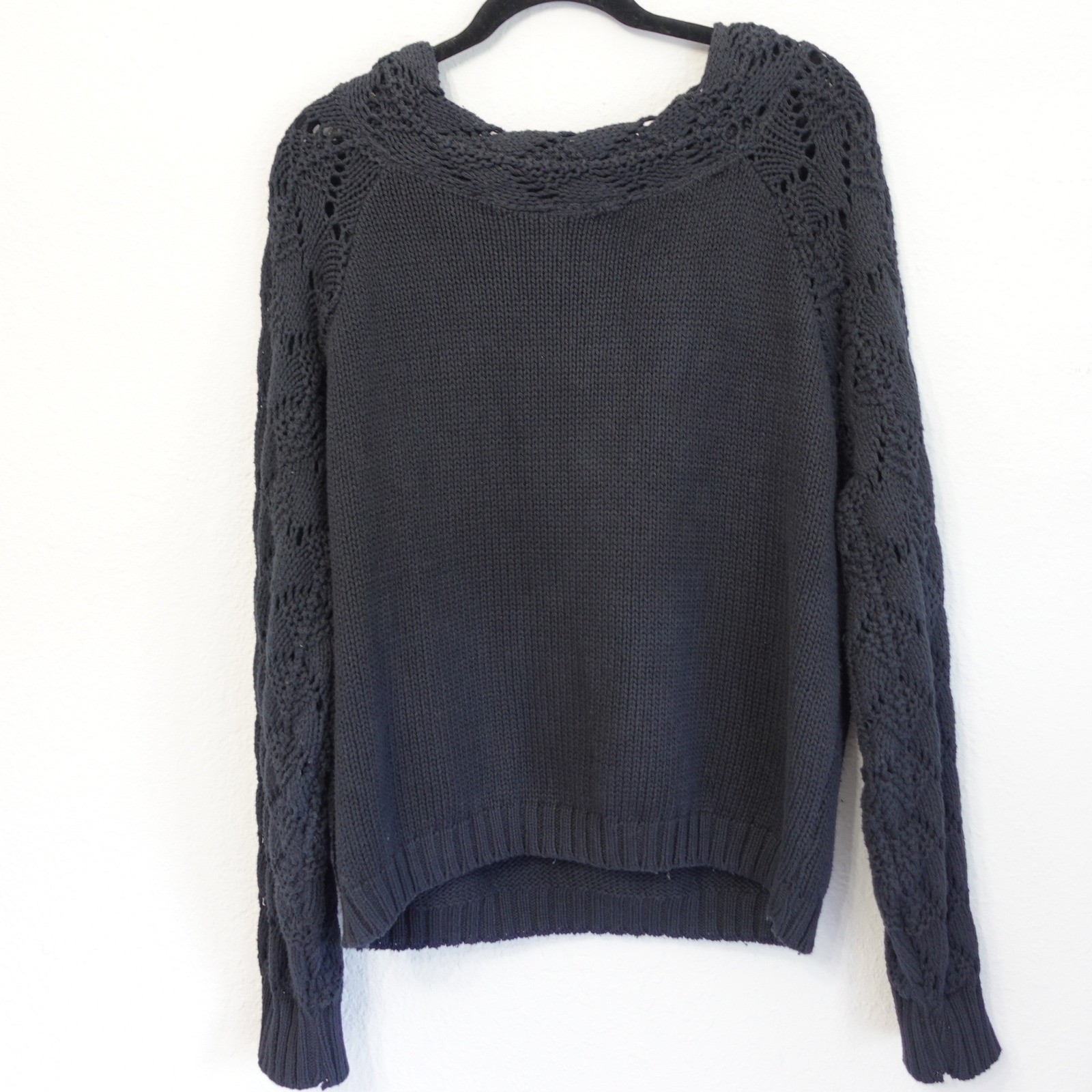 Vtg 90s Sweater Womens OS Black Knit Pointelle Crochet Slouchy Grunge Grandpa