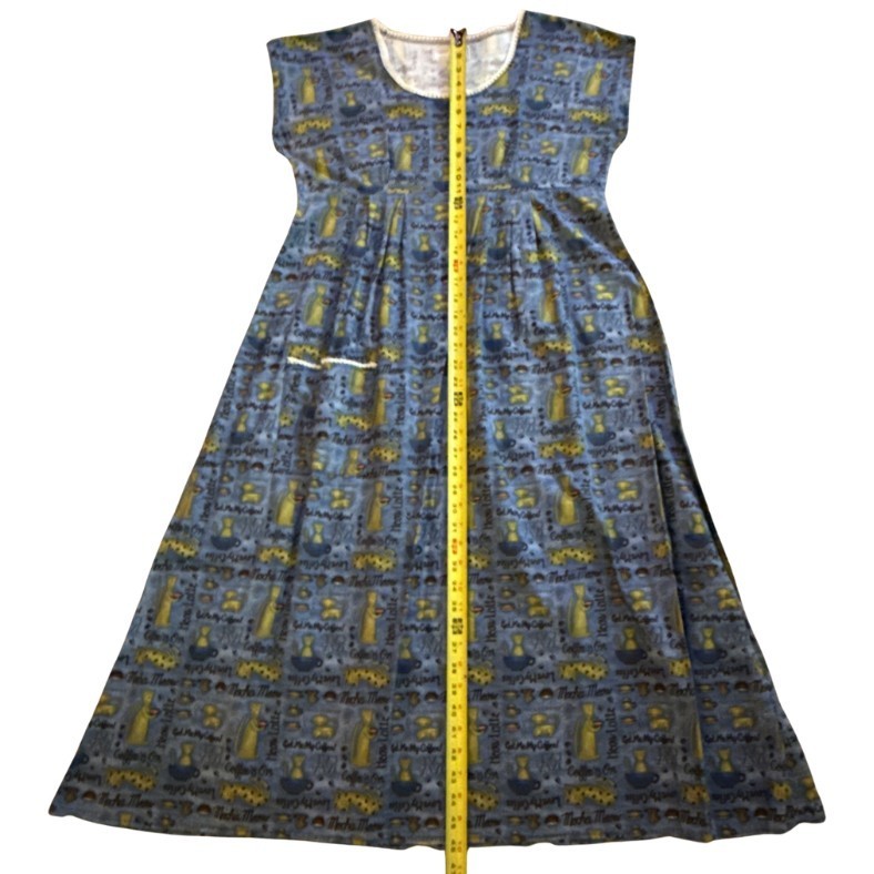 VTG Handmade Cats Coffee Print House Farm Dress Womens L CHARMING Fabric Retro