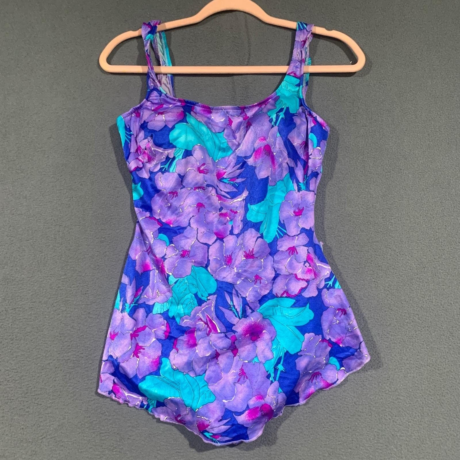 Vintage Maxine of Hollywood Floral One Piece Swimsuit Purple Teal Pink Skirted