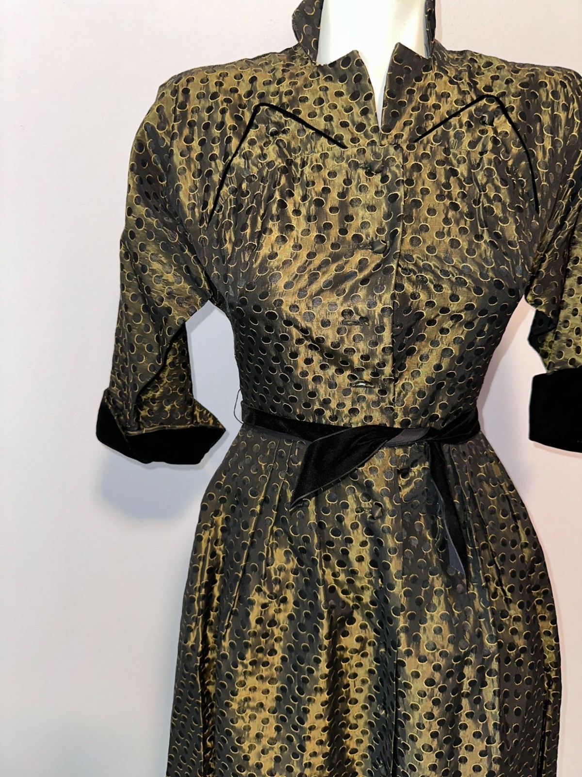 Vintage 1950s Prestige Junior Fit Flare Dress Gold Polka Dot New Look Size XS
