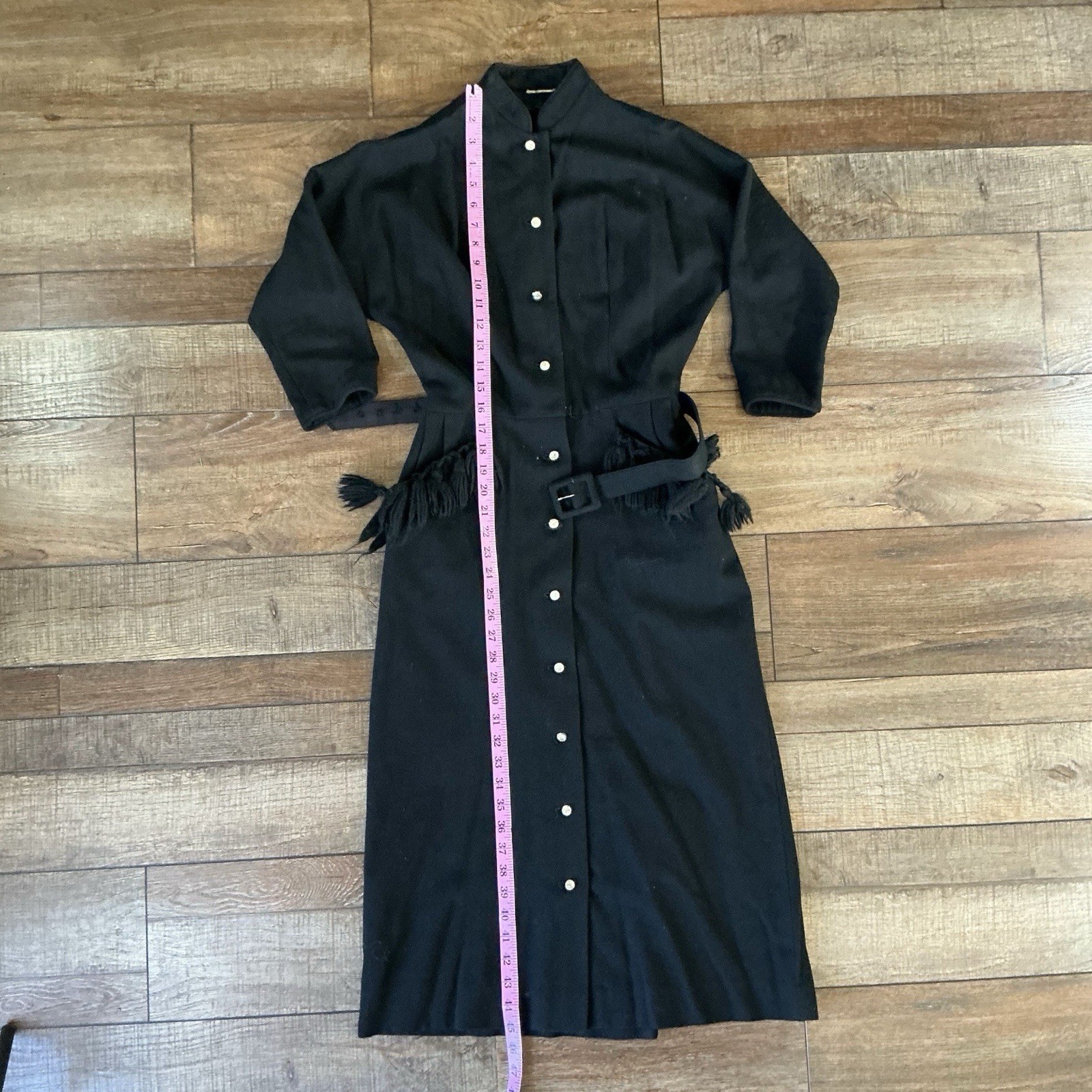 VINTAGE Black Wool Midi Dress Fringe Pockets Belt Button Front Size S/M #8D4