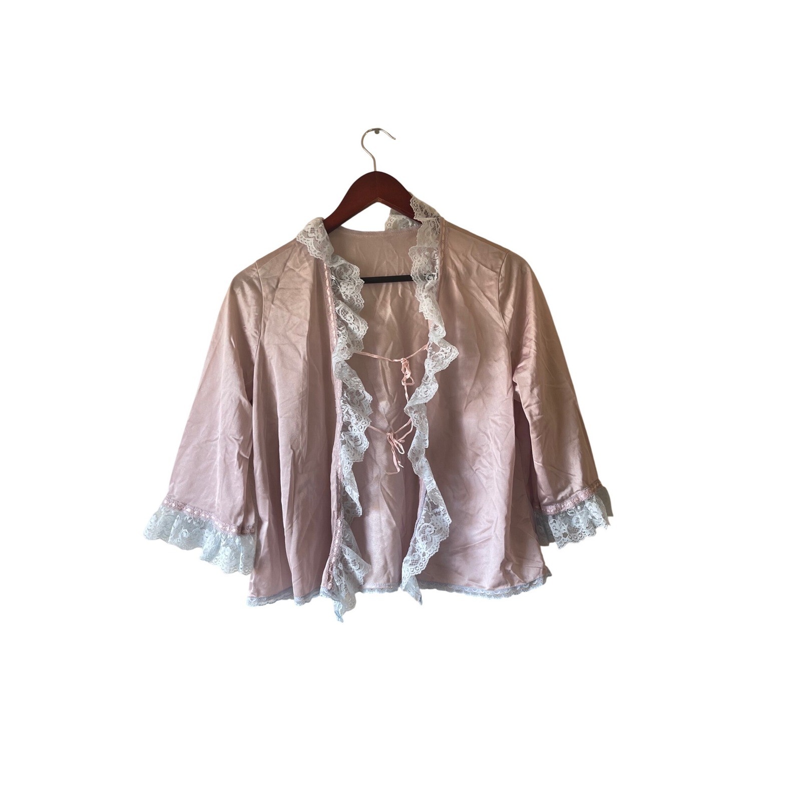 Vintage Pink Purple Satin Lace Trim Bed Jacket Tie Front Medium