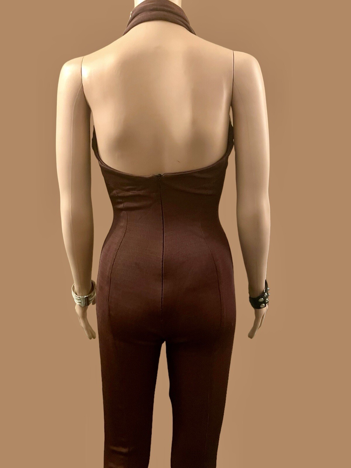 Scanlan Theodore Jumpsuit Vintage 90s Crepe Knit Halter Neck Flared Brown Size S