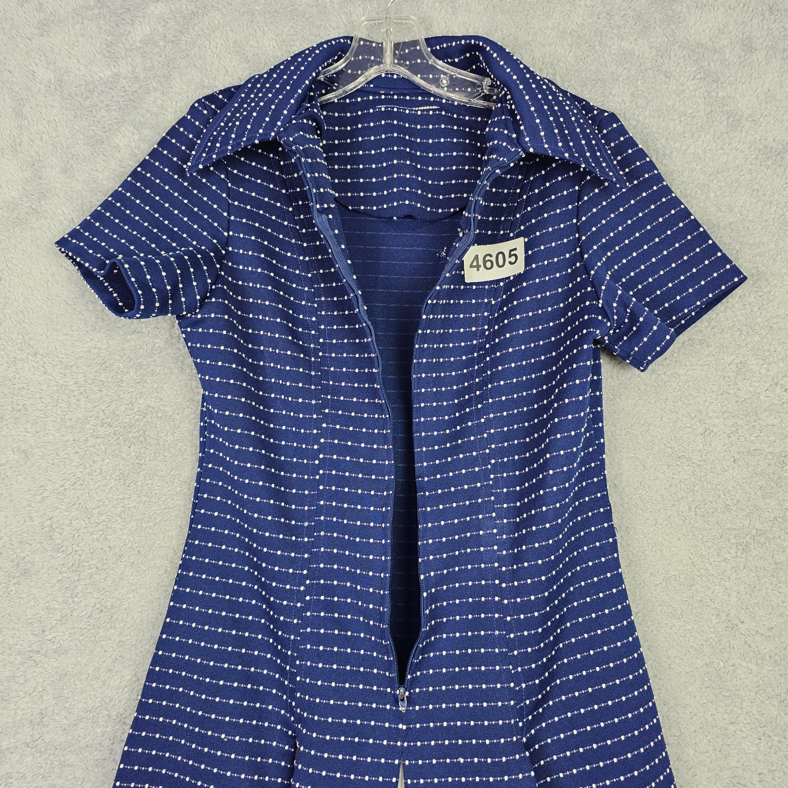 VTG 70s Womens Swing Dress S Blue Collared Zip Up Short Sleeve Inverted Pleats
